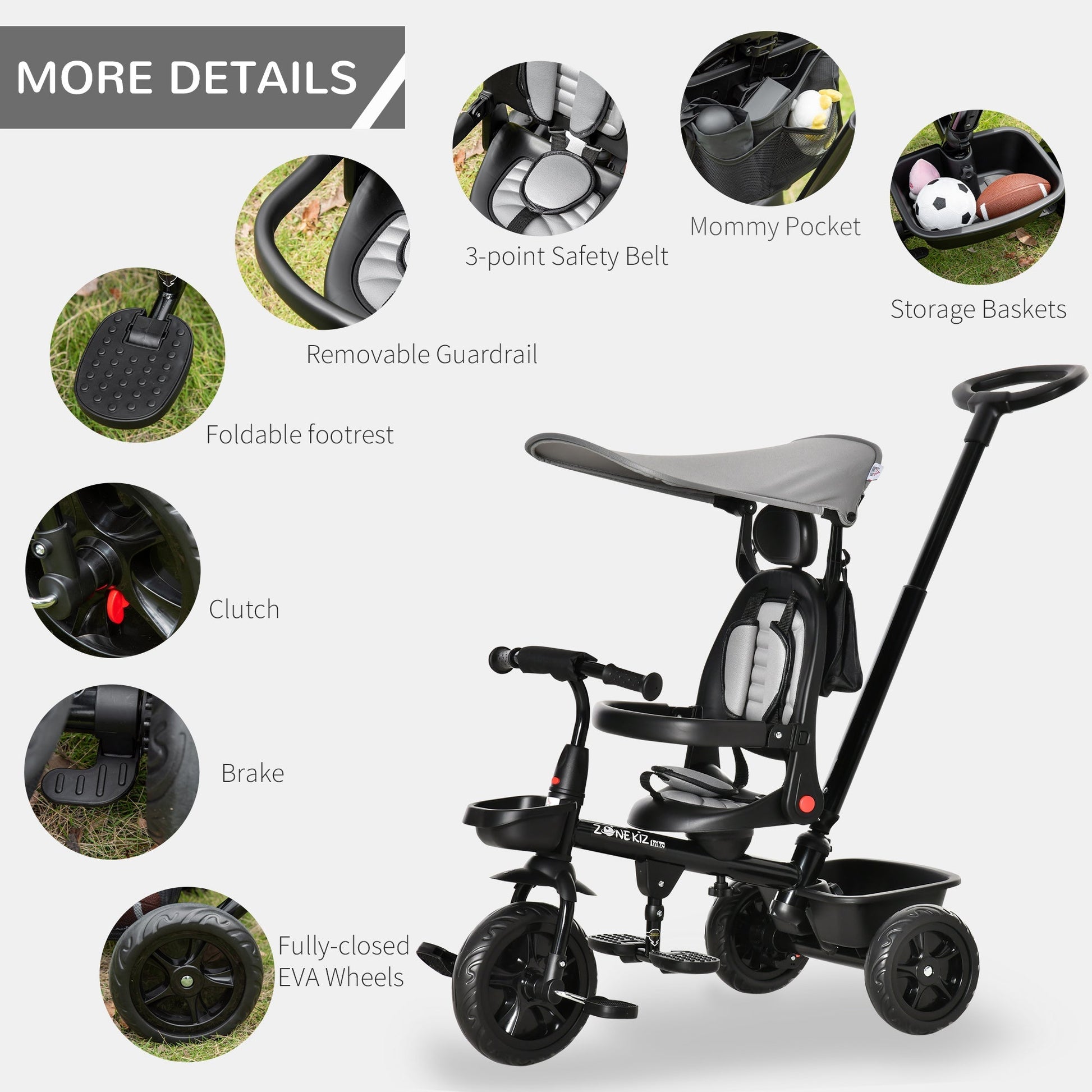 4-in-1 Kids Tricycle with Adjustable Seat, Handle, Canopy, Storage, Grey Tricycles for Kids   at Gallery Canada