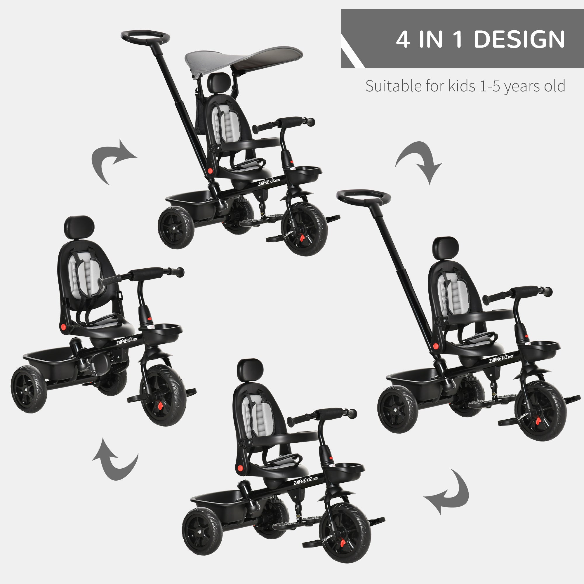 4-in-1 Kids Tricycle with Adjustable Seat, Handle, Canopy, Storage, Grey Tricycles for Kids   at Gallery Canada