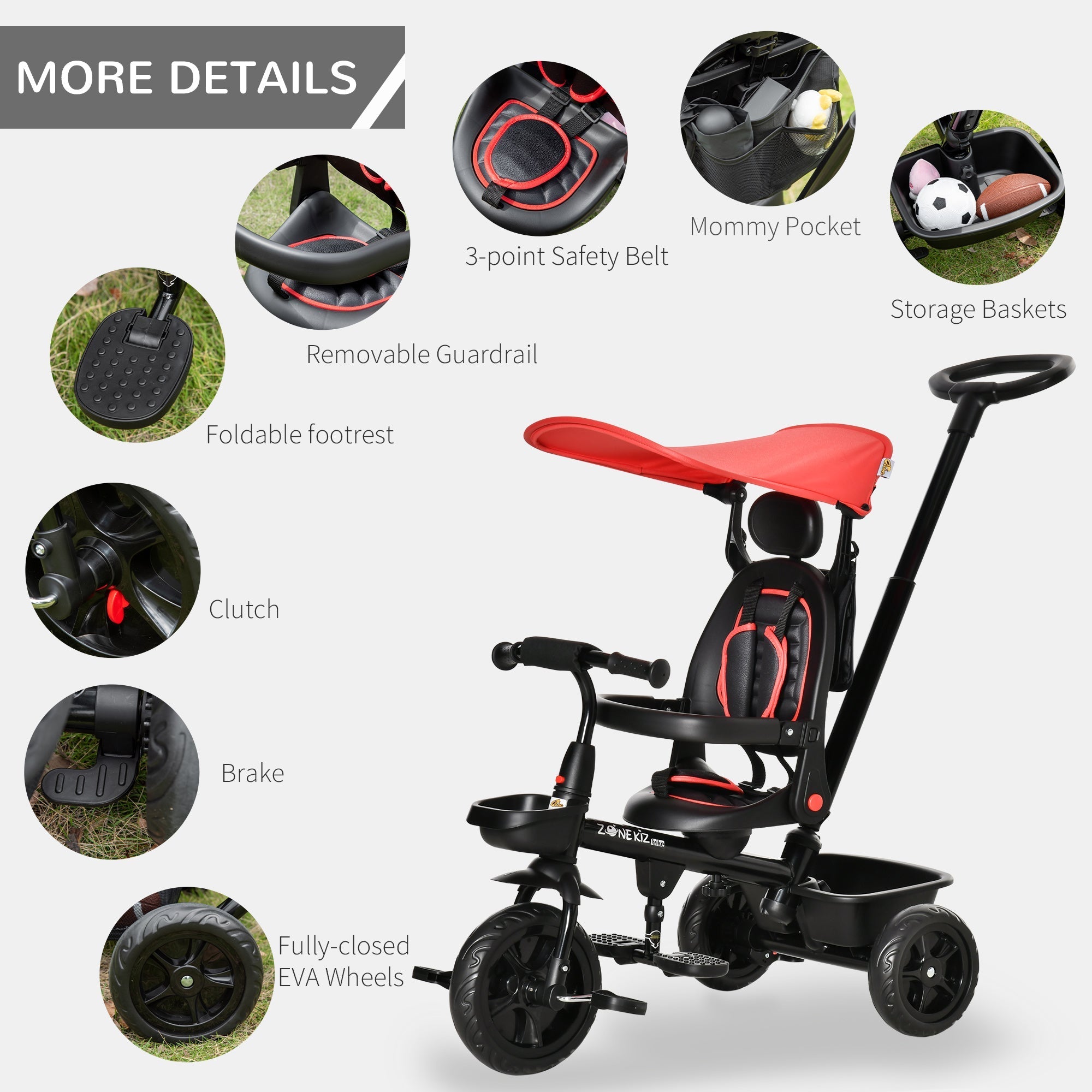 4-in-1 Kids Tricycle with Adjustable Seat, Handle, Canopy, Brake, Red Tricycles for Kids   at Gallery Canada