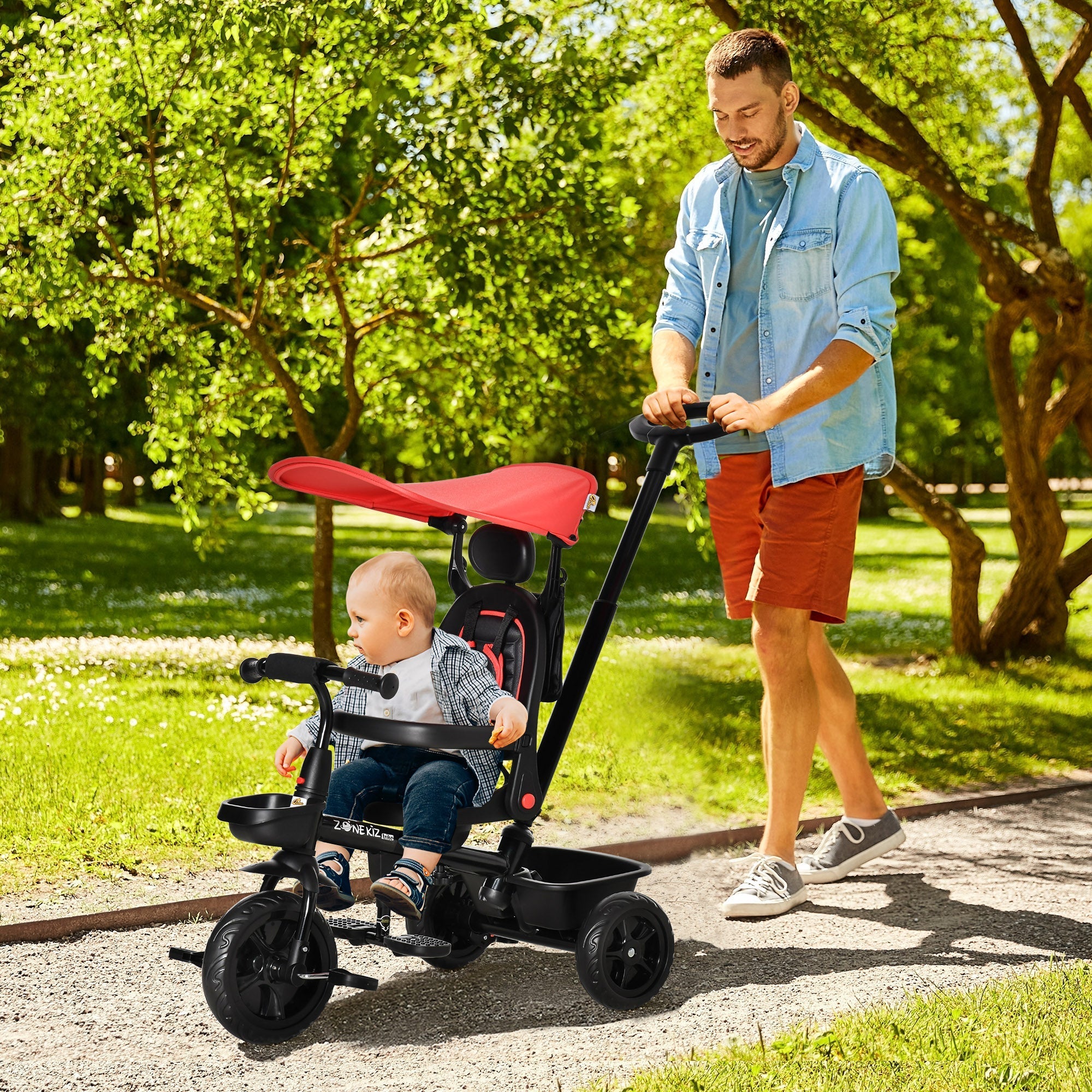 4-in-1 Kids Tricycle with Adjustable Seat, Handle, Canopy, Brake, Red Tricycles for Kids   at Gallery Canada