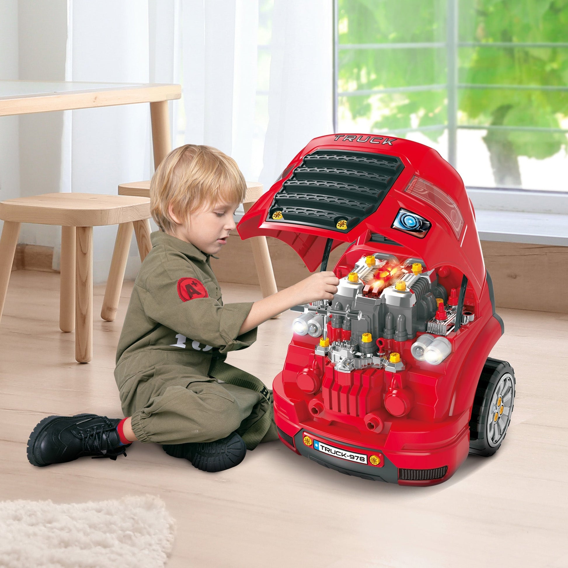 Educational Kids Truck Engine Toy Set with RC Car Key, Lights, and Sounds, Red Workbench Toy Sets   at Gallery Canada