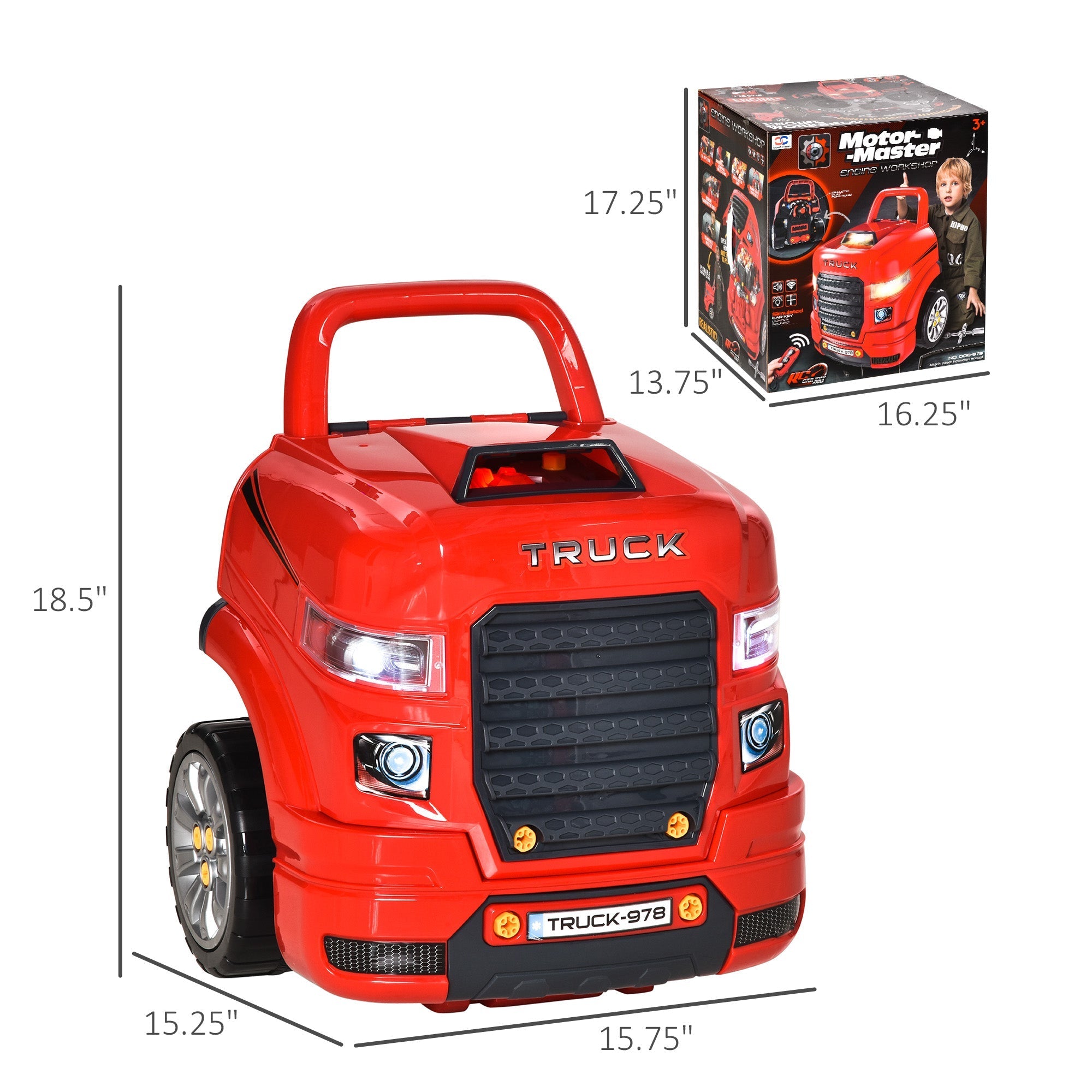 Educational Kids Truck Engine Toy Set with RC Car Key, Lights, and Sounds, Red Workbench Toy Sets   at Gallery Canada