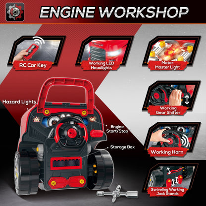 Educational Kids Truck Engine Toy Set with RC Car Key, Lights, and Sounds, Red Workbench Toy Sets   at Gallery Canada