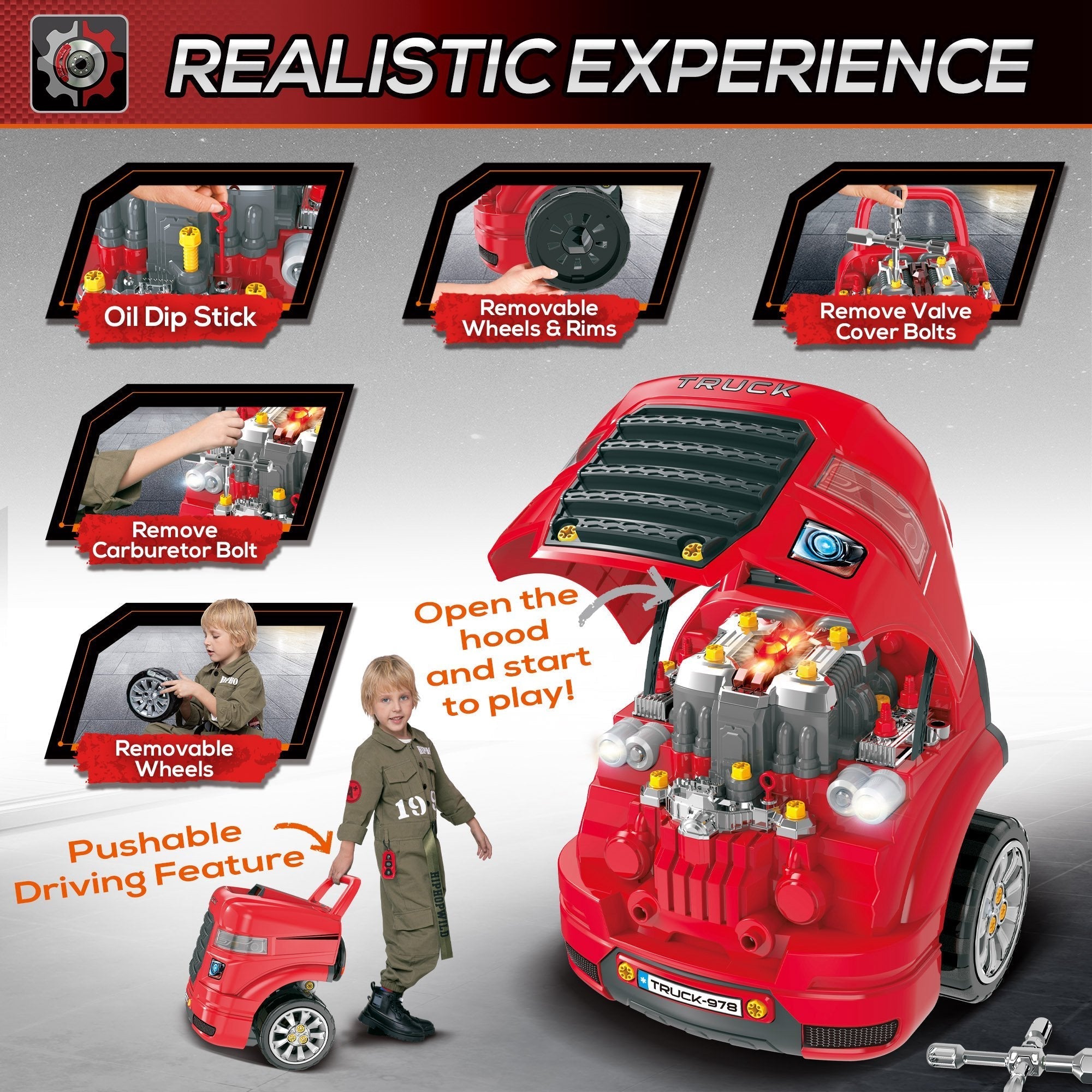 Educational Kids Truck Engine Toy Set with RC Car Key, Lights, and Sounds, Red Workbench Toy Sets   at Gallery Canada