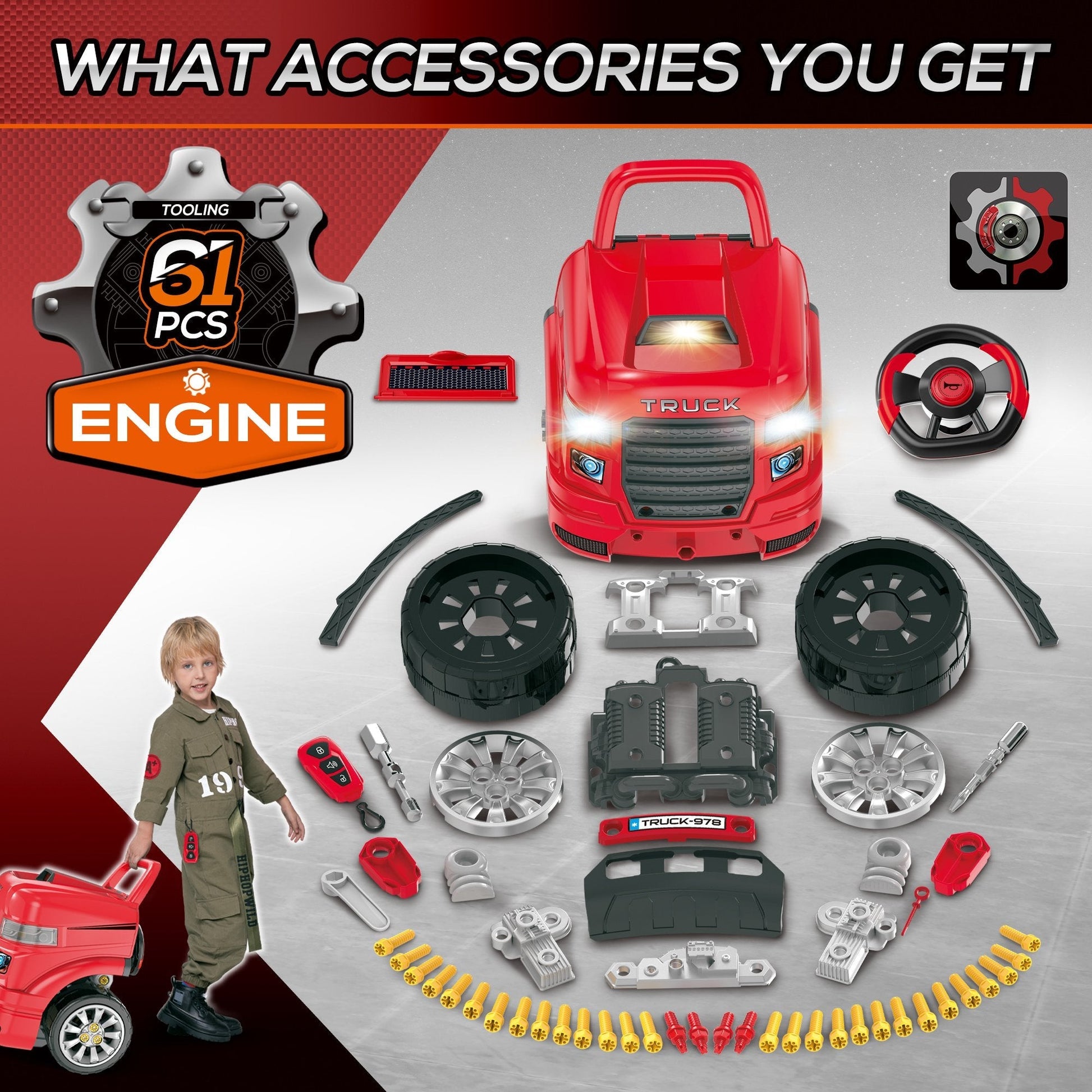 Educational Kids Truck Engine Toy Set with RC Car Key, Lights, and Sounds, Red Workbench Toy Sets   at Gallery Canada