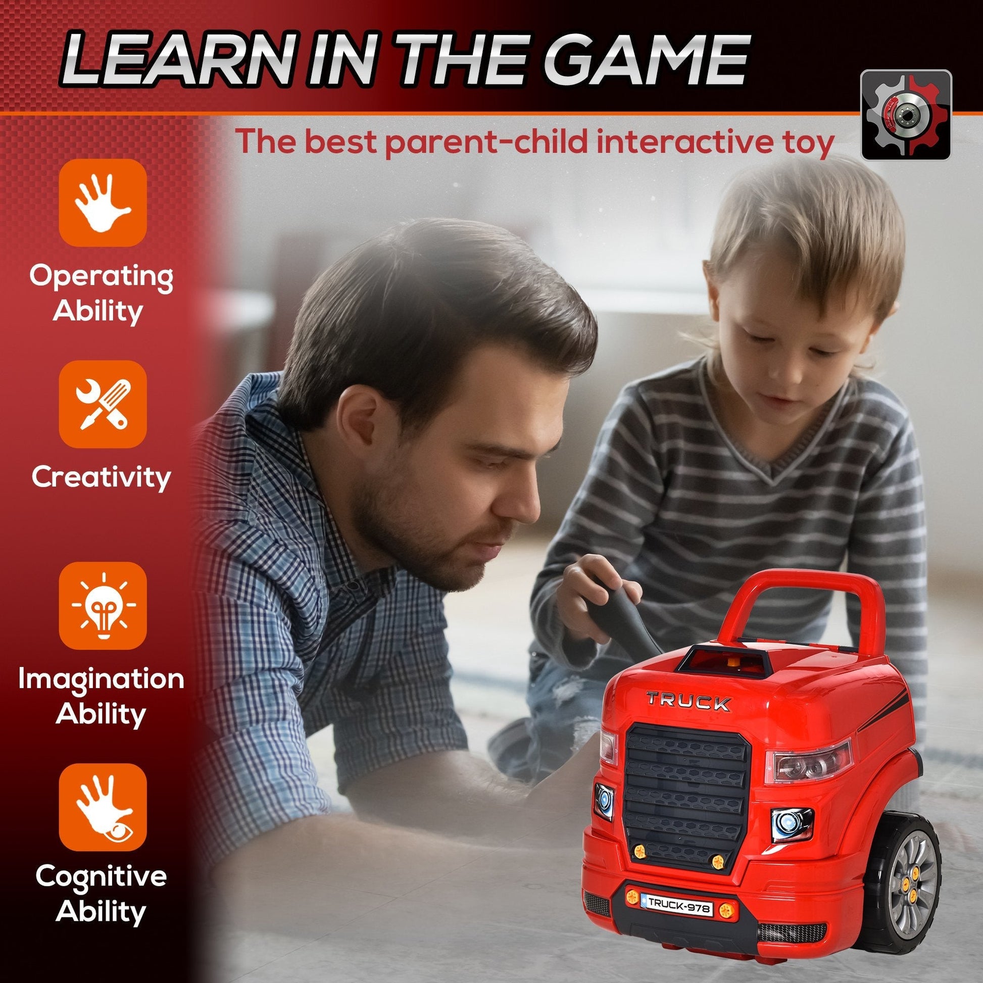 Educational Kids Truck Engine Toy Set with RC Car Key, Lights, and Sounds, Red Workbench Toy Sets   at Gallery Canada