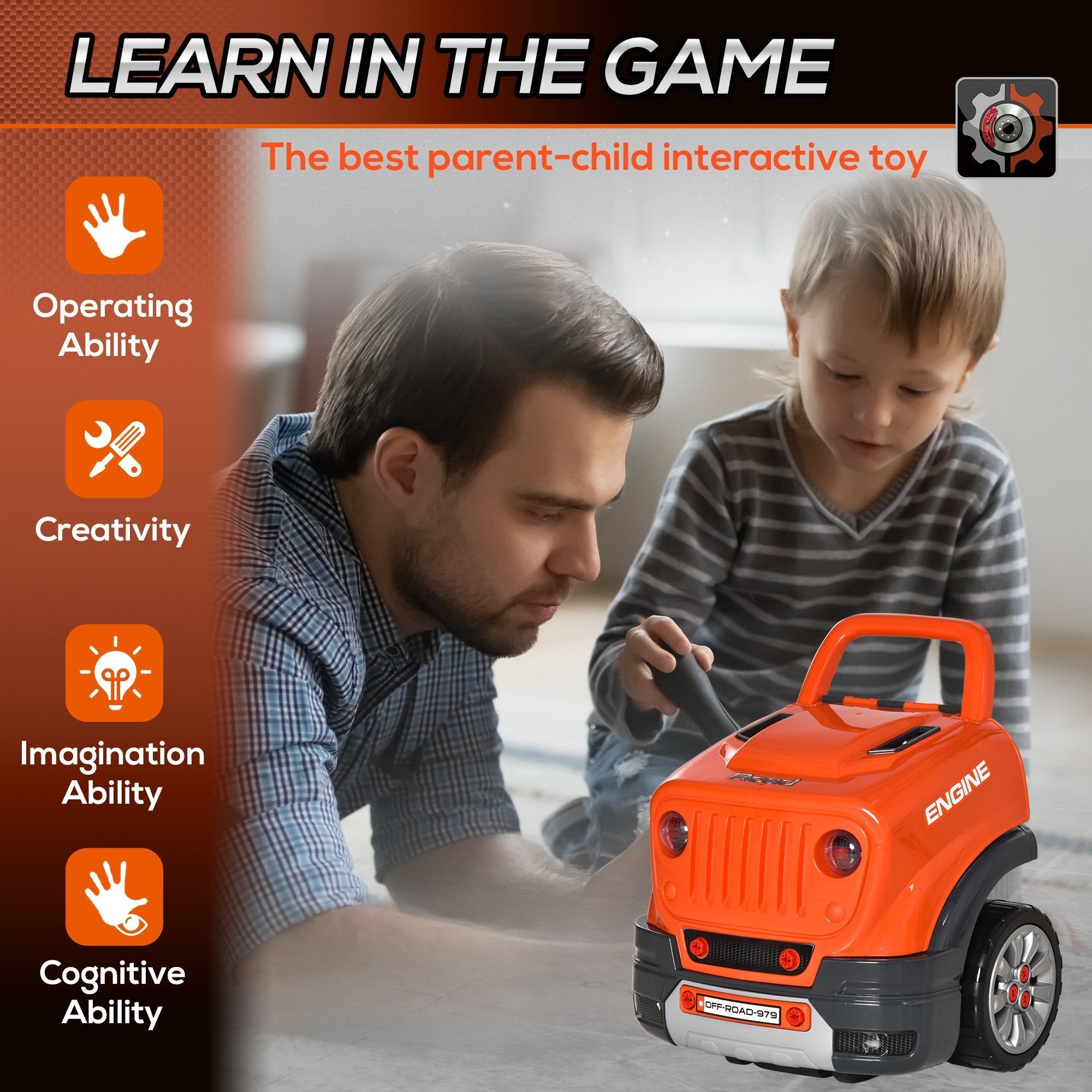 Educational Kids Truck Engine Toy Set with RC Car Key, Lights, Horn - Orange Workbench Toy Sets   at Gallery Canada