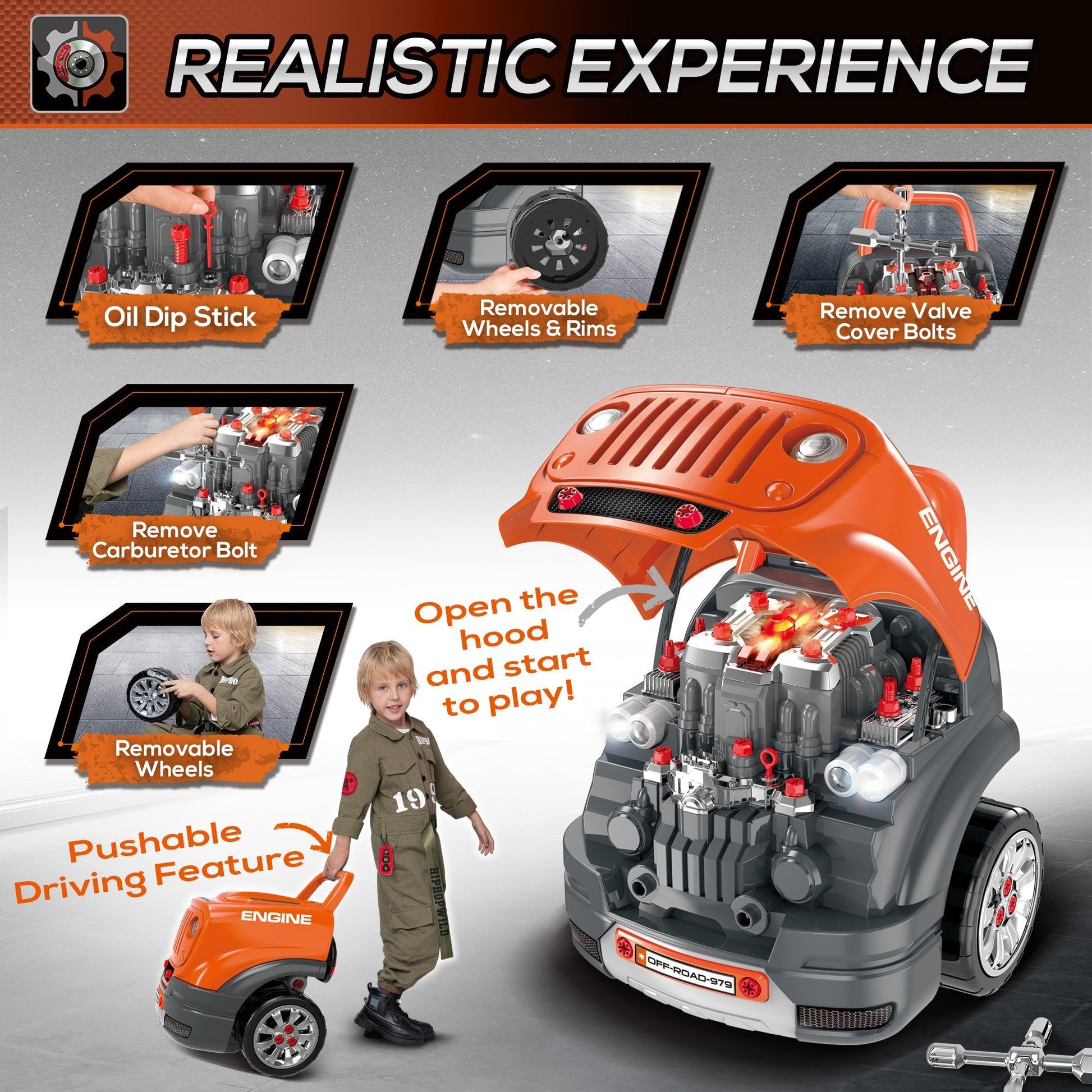 Educational Kids Truck Engine Toy Set with RC Car Key, Lights, Horn - Orange Workbench Toy Sets   at Gallery Canada