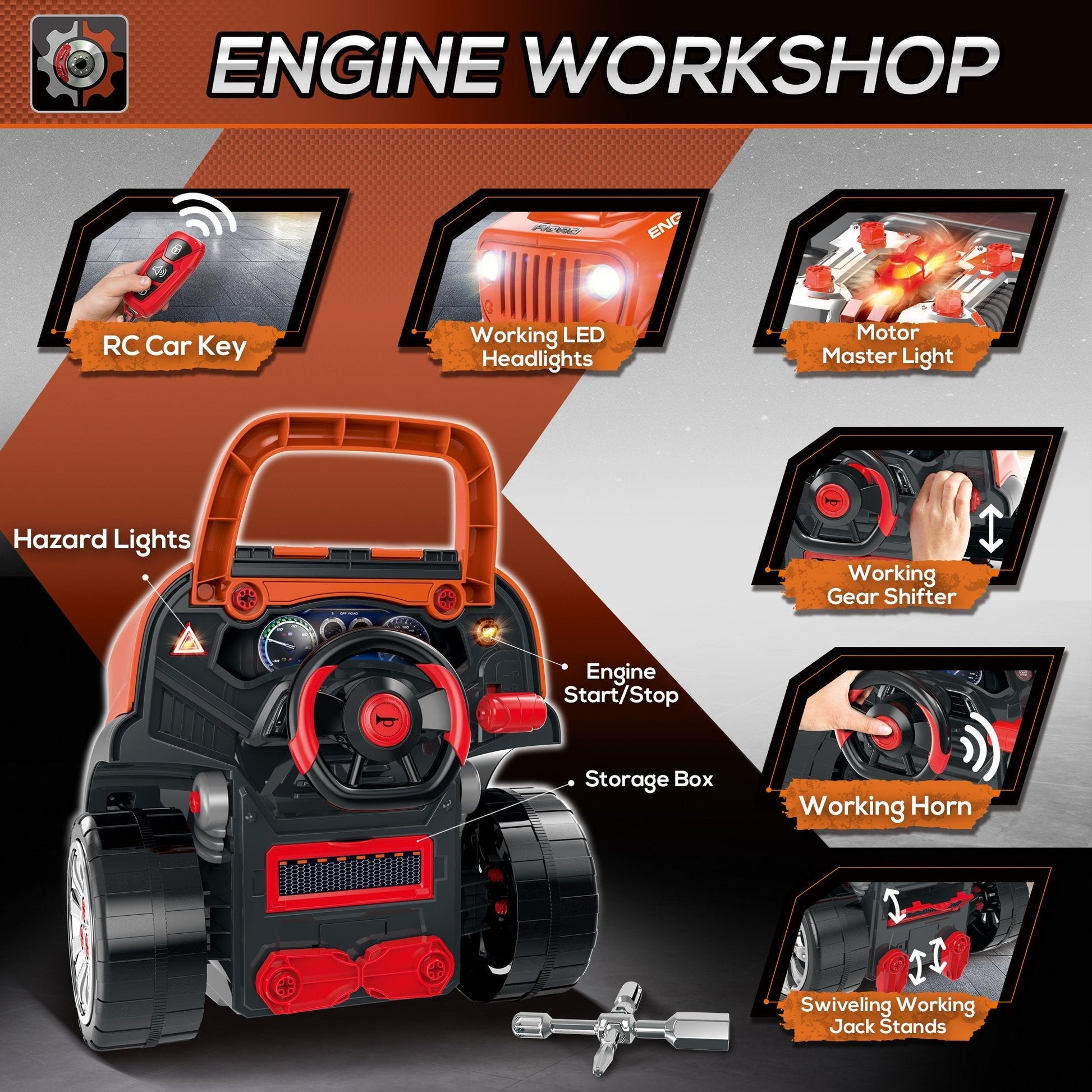 Educational Kids Truck Engine Toy Set with RC Car Key, Lights, Horn - Orange Workbench Toy Sets   at Gallery Canada