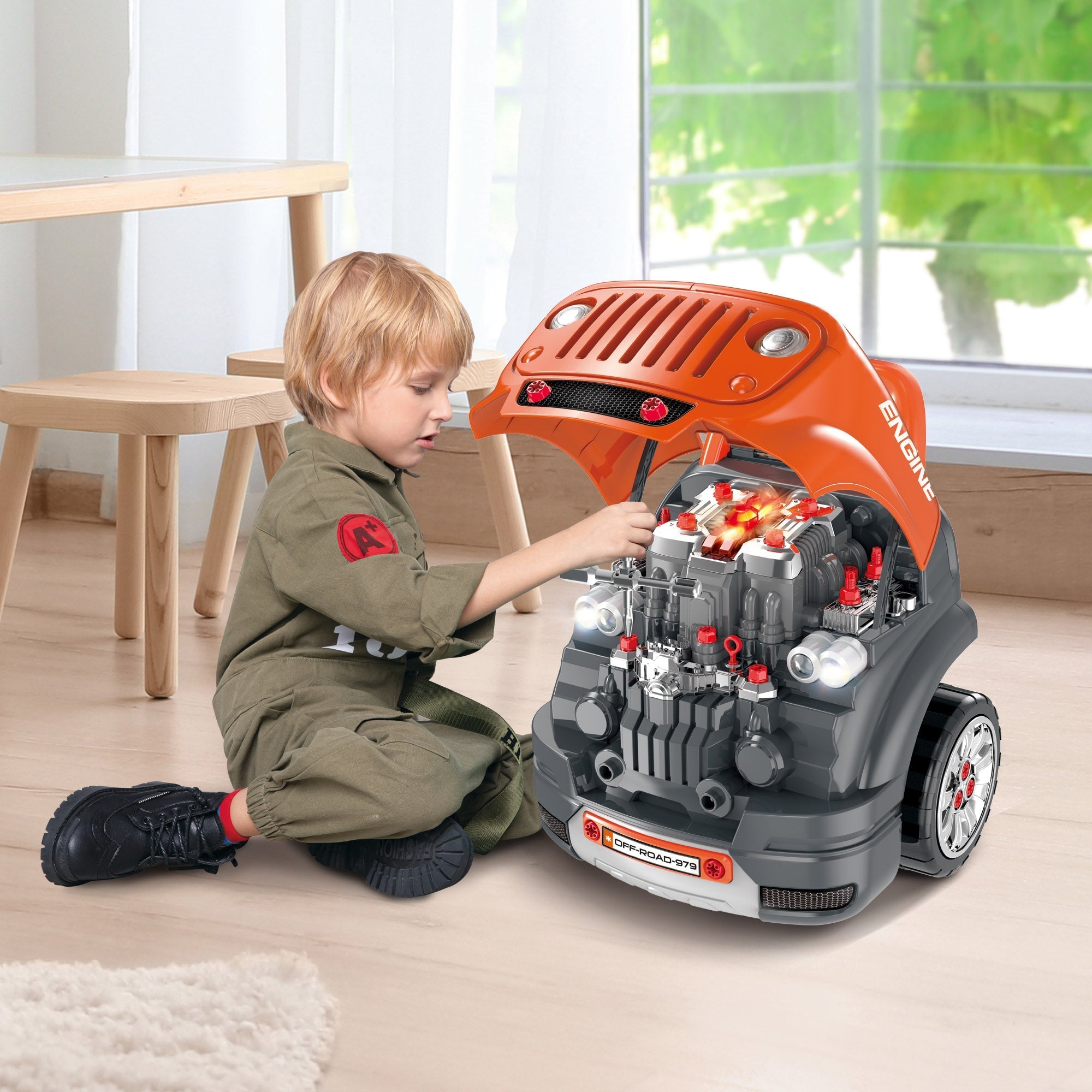 Educational Kids Truck Engine Toy Set with RC Car Key, Lights, Horn - Orange Workbench Toy Sets   at Gallery Canada