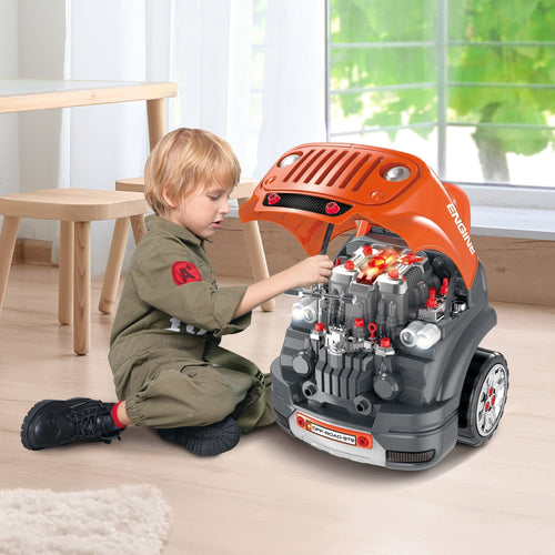 Educational Kids Truck Engine Toy Set with RC Car Key, Lights, Horn - Orange