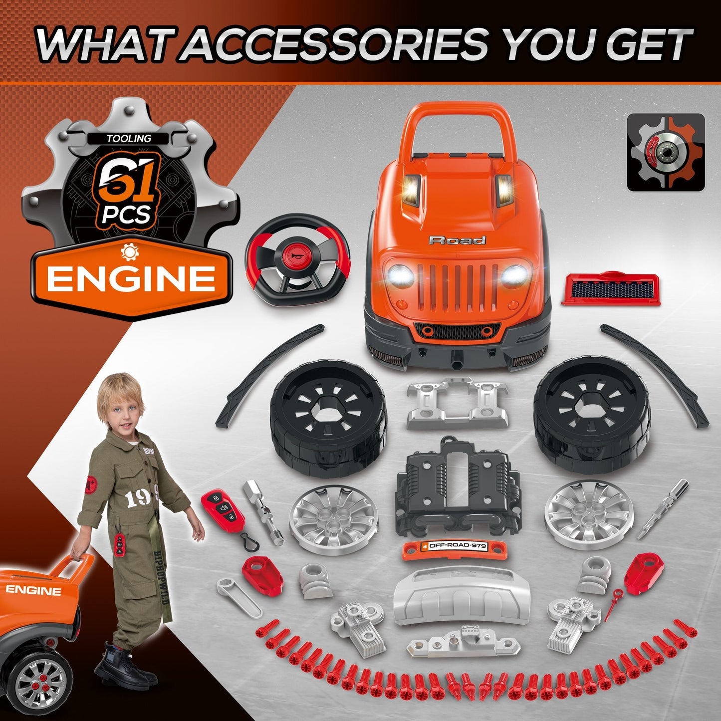 Educational Kids Truck Engine Toy Set with RC Car Key, Lights, Horn - Orange Workbench Toy Sets   at Gallery Canada