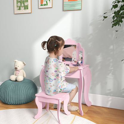 Kids Vanity Table and Stool, Makeup Vanity Girls Dressing Table Set with Tri-folding Mirrors Drawer Star and Heart Pattern, Pink Kids Bedroom Furniture   at Gallery Canada