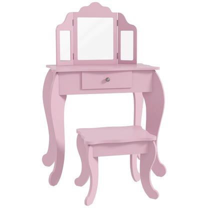 Kids Vanity Table and Stool, Makeup Vanity Girls Dressing Table Set with Tri-folding Mirrors Drawer Star and Heart Pattern, Pink Kids Bedroom Furniture Pink  at Gallery Canada