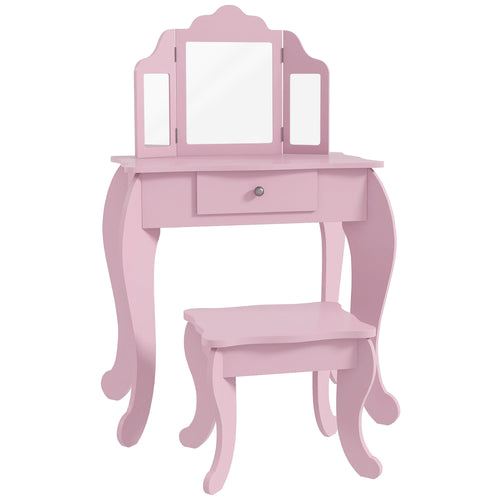 Kids Vanity Table and Stool, Makeup Vanity Girls Dressing Table Set with Tri-folding Mirrors Drawer Star and Heart Pattern, Pink