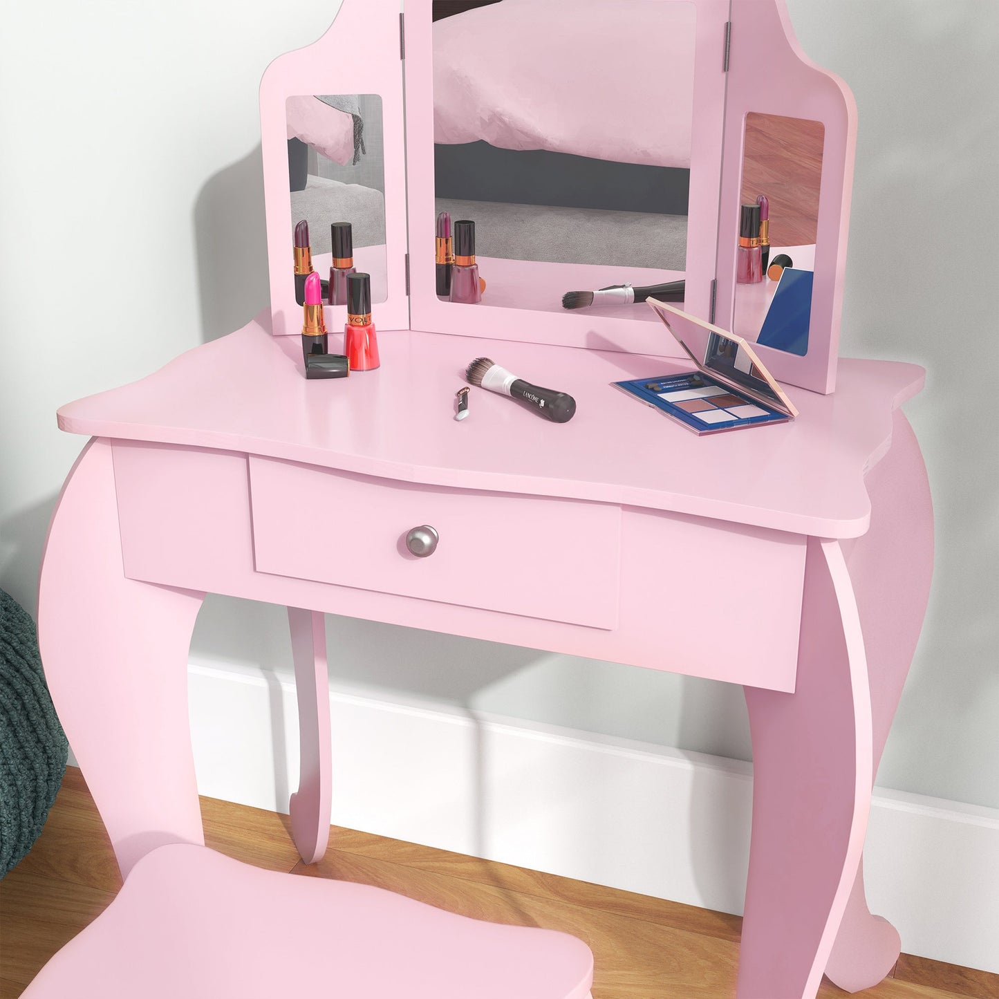 Kids Vanity Table and Stool, Makeup Vanity Girls Dressing Table Set with Tri-folding Mirrors Drawer Star and Heart Pattern, Pink Kids Bedroom Furniture   at Gallery Canada