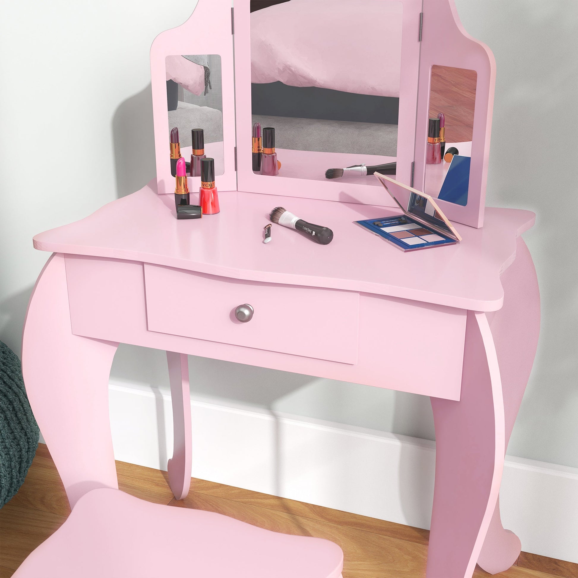 Kids Vanity Table and Stool, Makeup Vanity Girls Dressing Table Set with Tri-folding Mirrors Drawer Star and Heart Pattern, Pink Kids Bedroom Furniture   at Gallery Canada