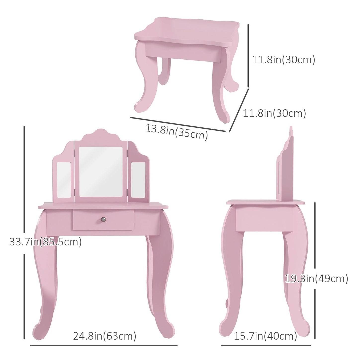 Kids Vanity Table and Stool, Makeup Vanity Girls Dressing Table Set with Tri-folding Mirrors Drawer Star and Heart Pattern, Pink Kids Bedroom Furniture   at Gallery Canada