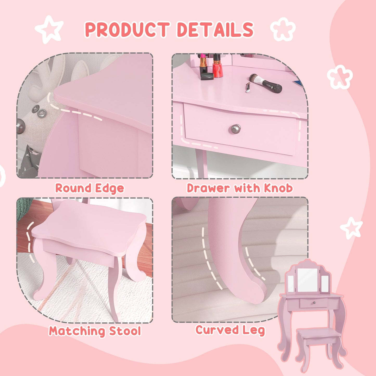 Kids Vanity Table and Stool, Makeup Vanity Girls Dressing Table Set with Tri-folding Mirrors Drawer Star and Heart Pattern, Pink Kids Bedroom Furniture   at Gallery Canada