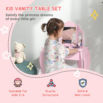 Kids Vanity Table and Stool, Makeup Vanity Girls Dressing Table Set with Tri-folding Mirrors Drawer Star and Heart Pattern, Pink Kids Bedroom Furniture   at Gallery Canada