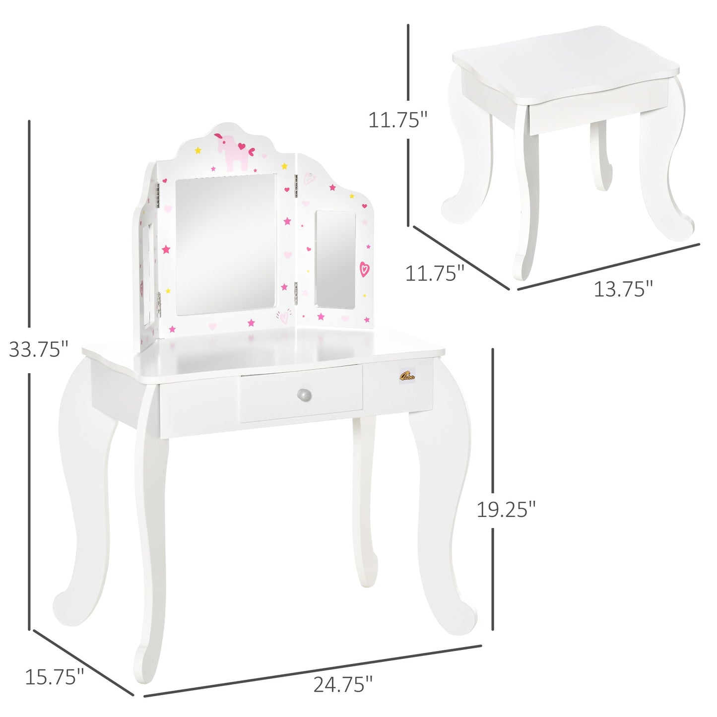 Kids Vanity Table and Stool, Makeup Vanity Girls Dressing Table Set with Tri-folding Mirrors Drawer Star and Heart Pattern, White Kids Bedroom Furniture   at Gallery Canada