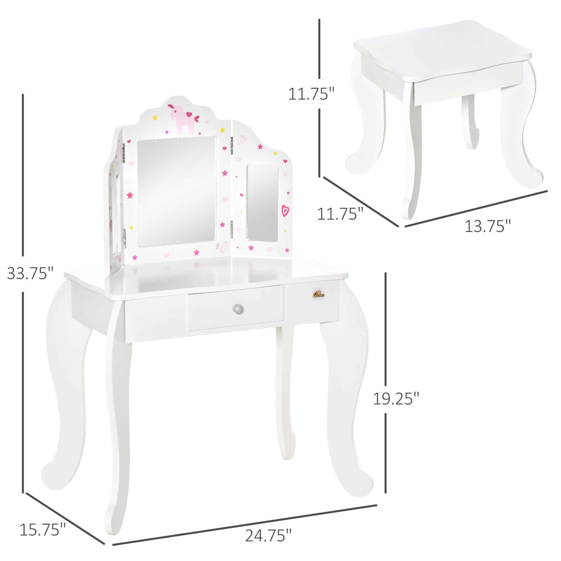 Kids Vanity Table and Stool, Makeup Vanity Girls Dressing Table Set with Tri-folding Mirrors Drawer Star and Heart Pattern, White Kids Bedroom Furniture   at Gallery Canada