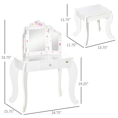 Kids Vanity Table and Stool, Makeup Vanity Girls Dressing Table Set with Tri-folding Mirrors Drawer Star and Heart Pattern, White Kids Bedroom Furniture   at Gallery Canada