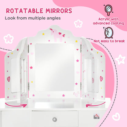 Kids Vanity Table and Stool, Makeup Vanity Girls Dressing Table Set with Tri-folding Mirrors Drawer Star and Heart Pattern, White Kids Bedroom Furniture   at Gallery Canada