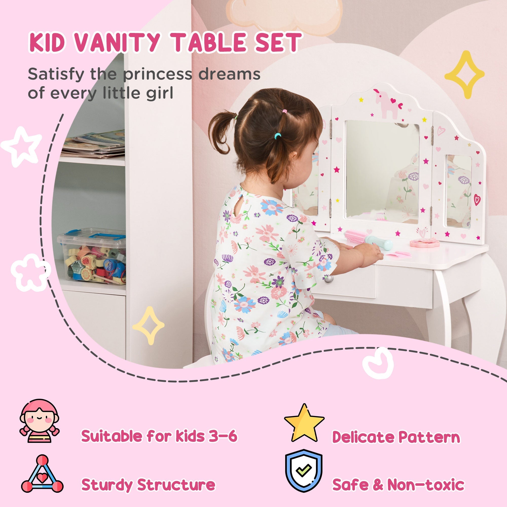 Kids Vanity Table and Stool, Makeup Vanity Girls Dressing Table Set with Tri-folding Mirrors Drawer Star and Heart Pattern, White Kids Bedroom Furniture   at Gallery Canada