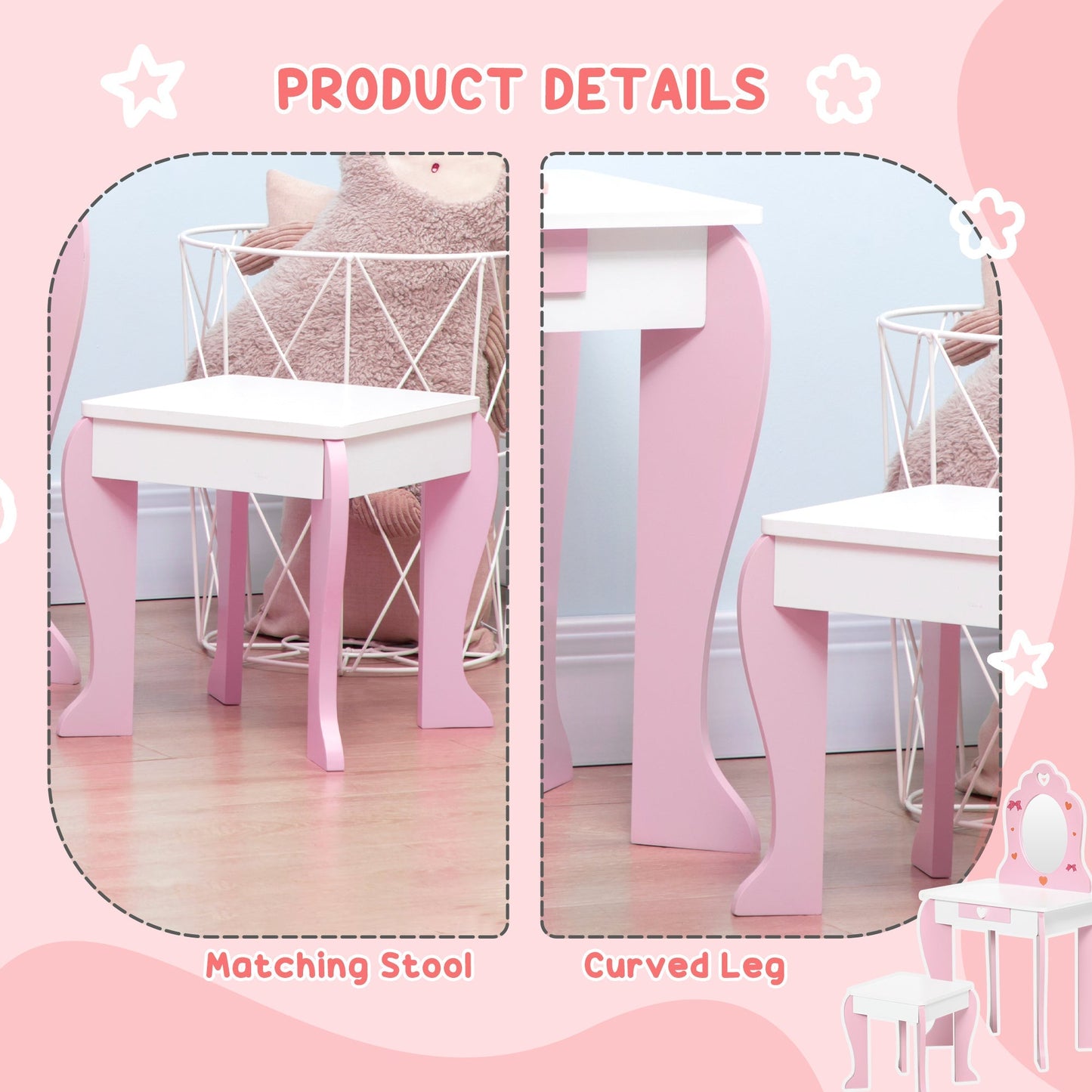 Kids Vanity Table &; Chair Set Girls Dressing Set with Mirror Drawer Cute Patterns for 3-6 Years Old, Pink Kids Bedroom Furniture   at Gallery Canada