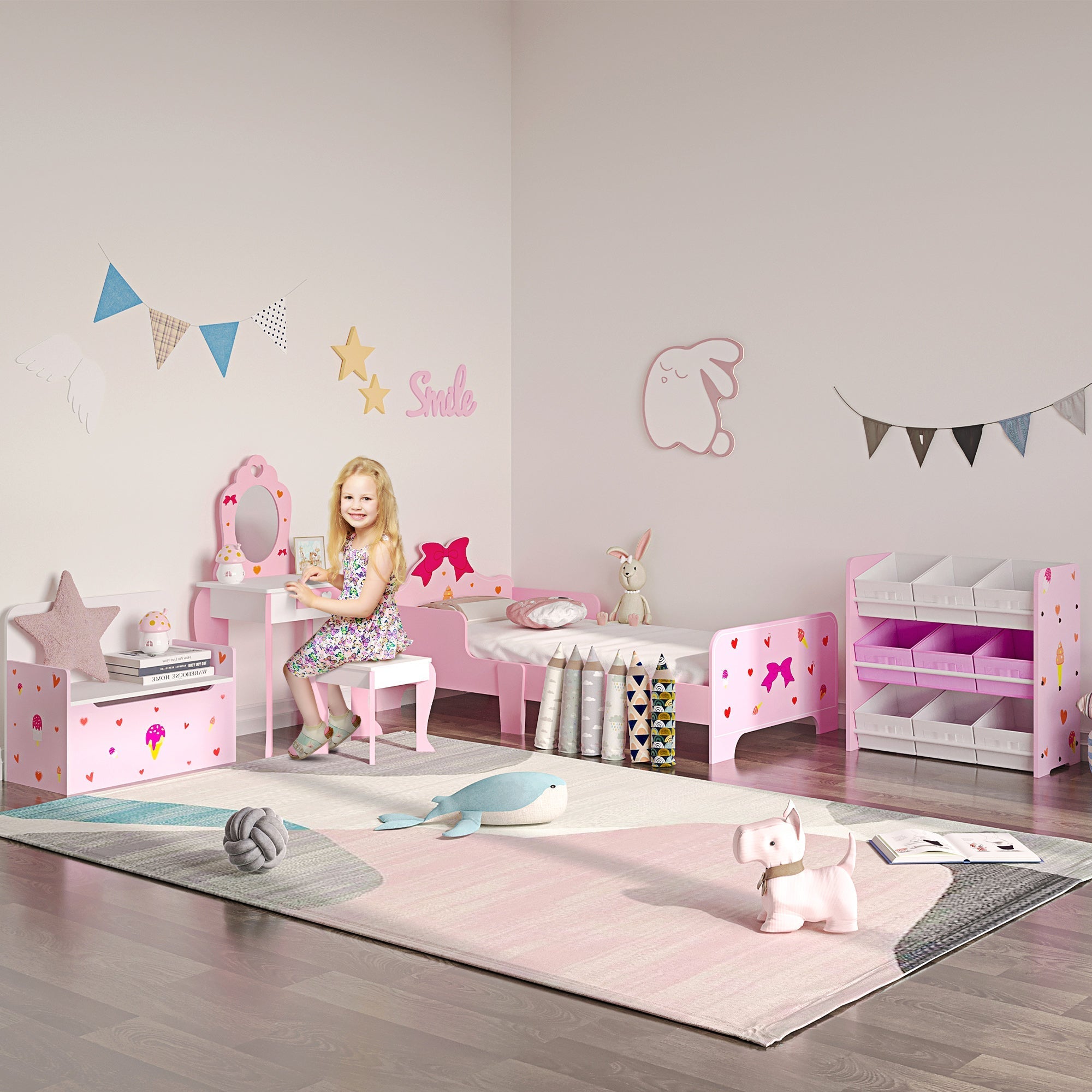 Kids Vanity Table &; Chair Set Girls Dressing Set with Mirror Drawer Cute Patterns for 3-6 Years Old, Pink Kids Bedroom Furniture   at Gallery Canada