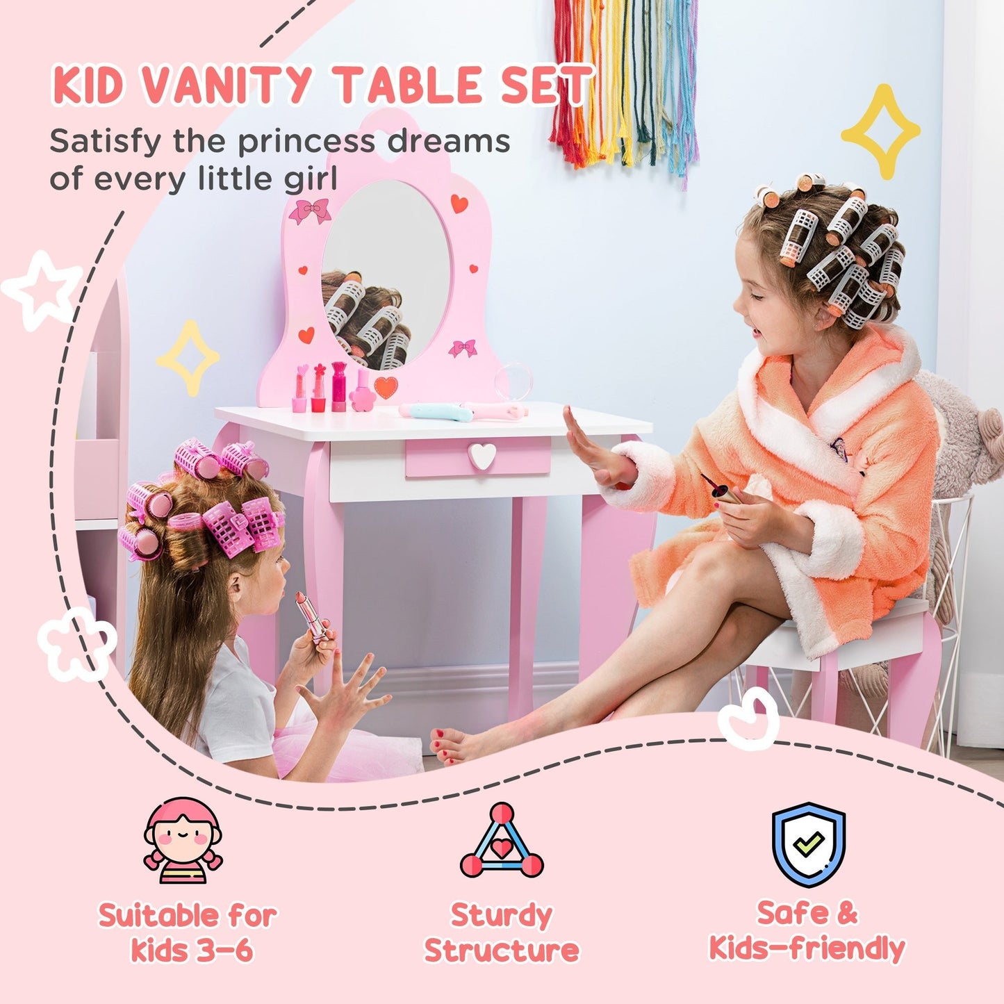 Kids Vanity Table &; Chair Set Girls Dressing Set with Mirror Drawer Cute Patterns for 3-6 Years Old, Pink Kids Bedroom Furniture   at Gallery Canada