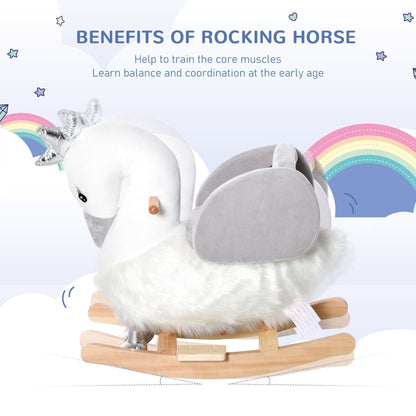 Kids Wooden Rocking Horse Swan Baby Rocking Chair Plush Ride On Swan with Sounds, Wooden Base for Babies 18-36 Months, White and Grey Rocking Horses   at Gallery Canada