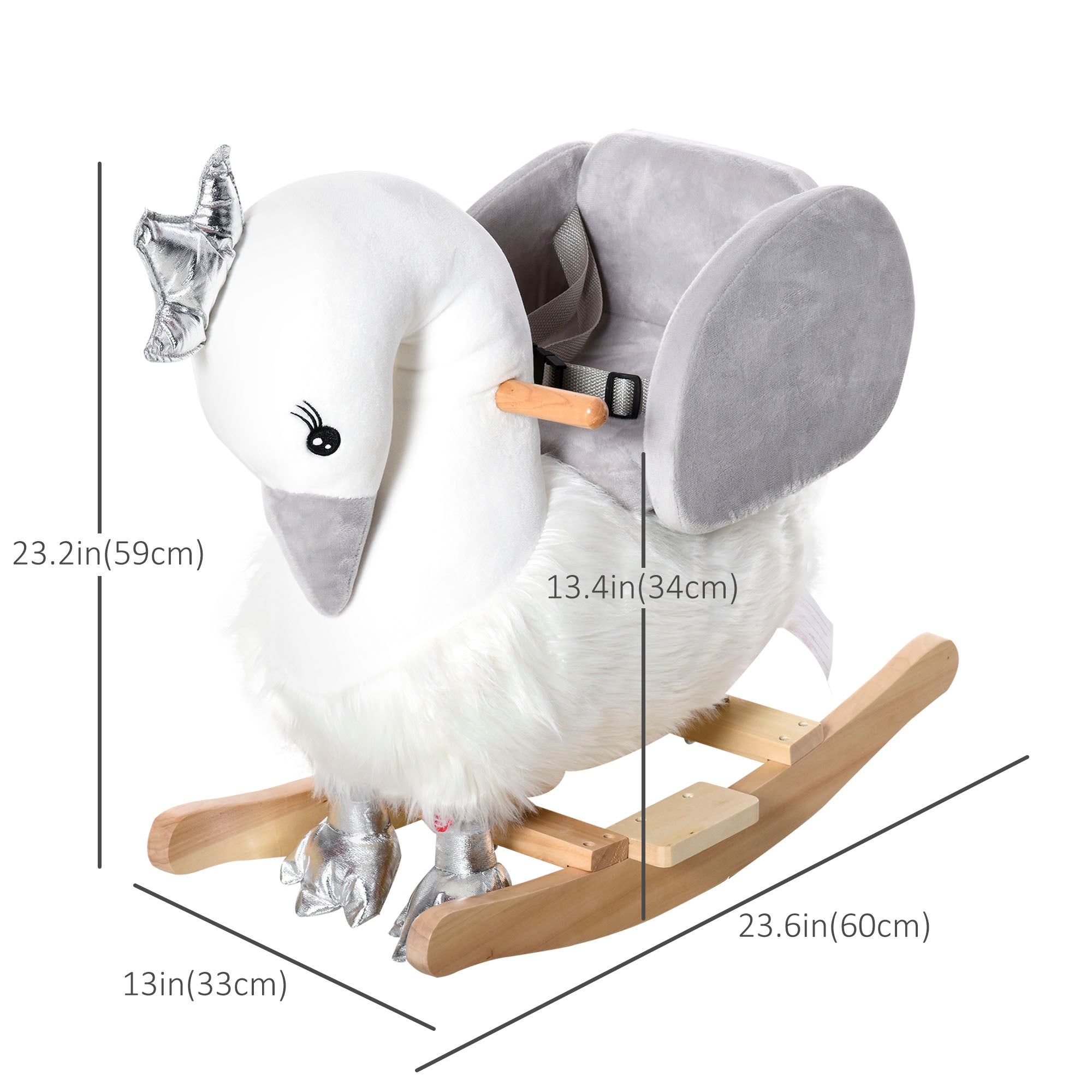 Kids Wooden Rocking Horse Swan Baby Rocking Chair Plush Ride On Swan with Sounds, Wooden Base for Babies 18-36 Months, White and Grey Rocking Horses   at Gallery Canada