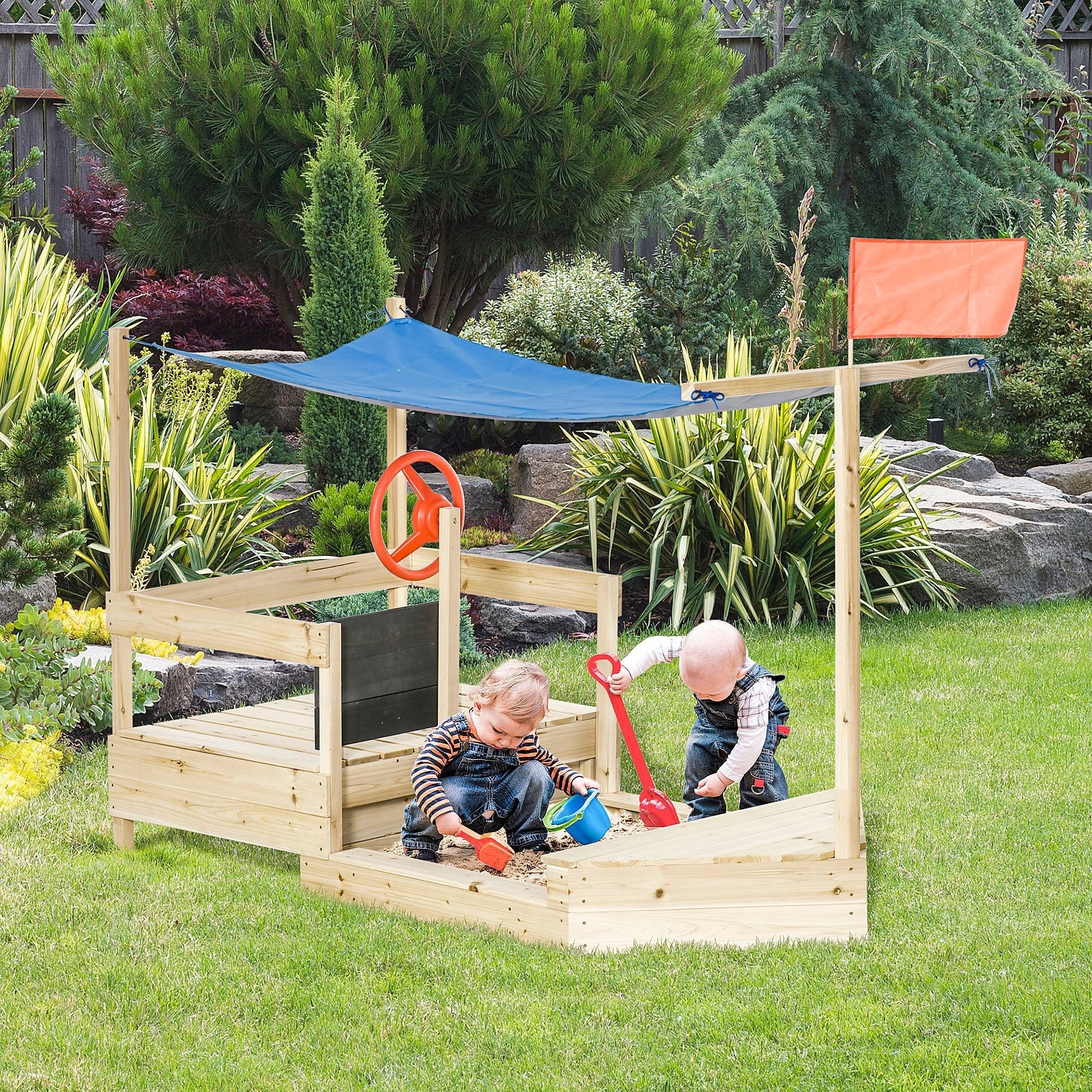 Wooden Sandbox Boat with Canopy, Blackboard, Flag, for Kids 3-8, Natural Wood Sandboxes & Accessories   at Gallery Canada