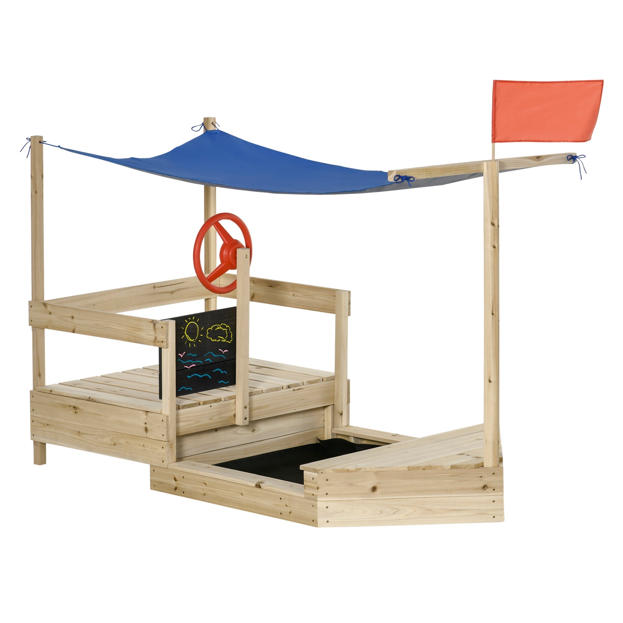 Wooden Sandbox Boat with Canopy, Blackboard, Flag, for Kids 3-8, Natural Wood Sandboxes & Accessories Multi Colour  at Gallery Canada