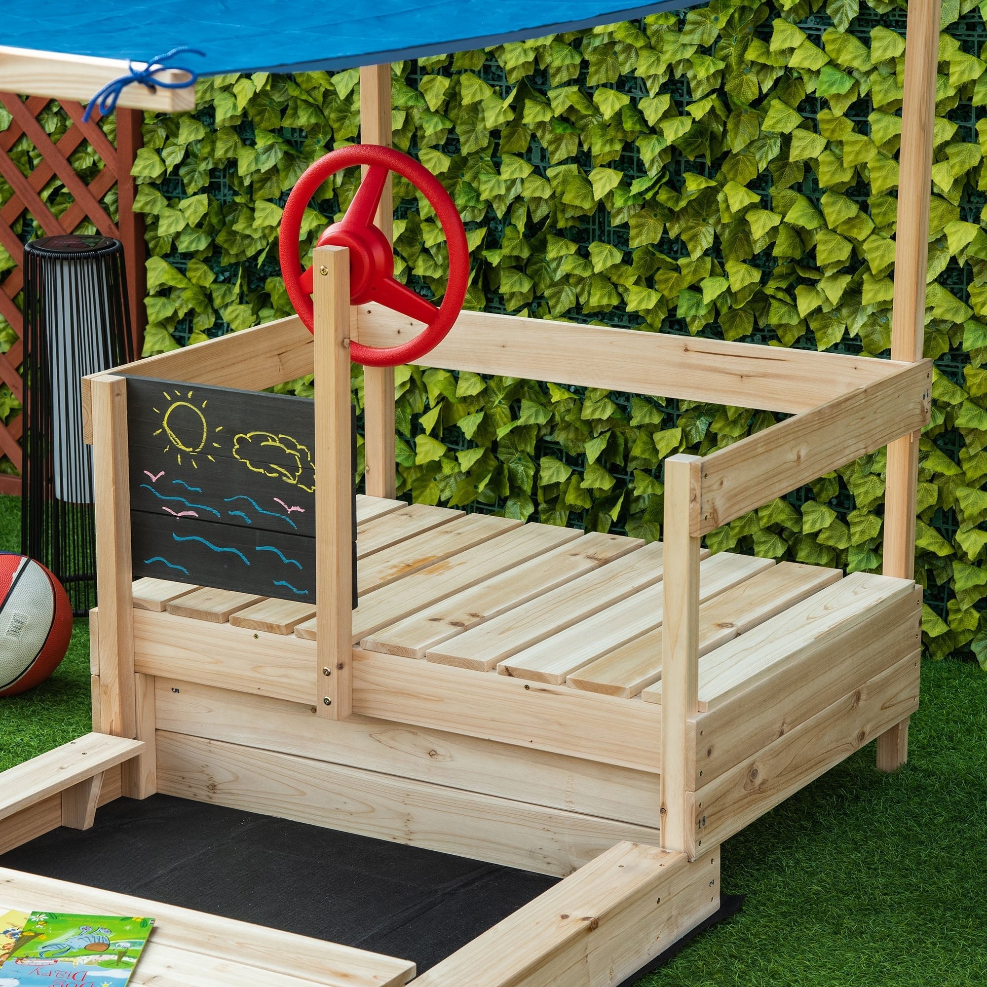 Wooden Sandbox Boat with Canopy, Blackboard, Flag, for Kids 3-8, Natural Wood Sandboxes & Accessories   at Gallery Canada