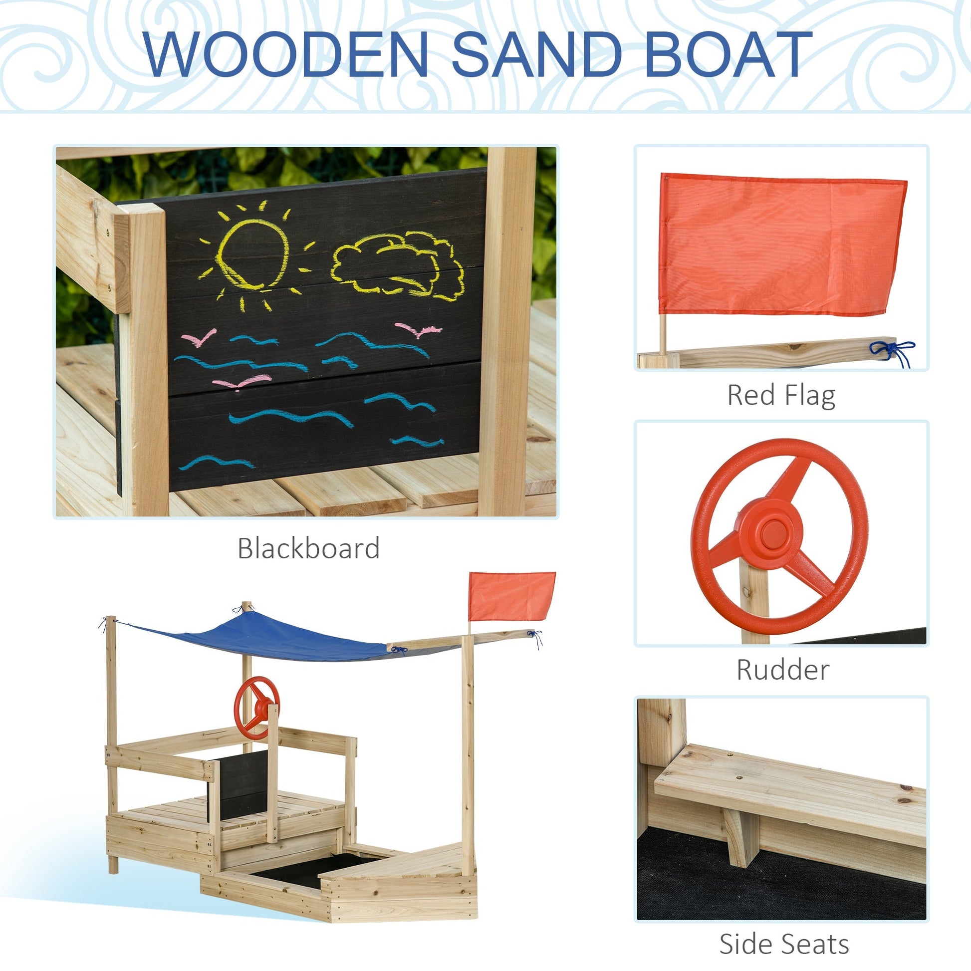 Wooden Sandbox Boat with Canopy, Blackboard, Flag, for Kids 3-8, Natural Wood Sandboxes & Accessories   at Gallery Canada