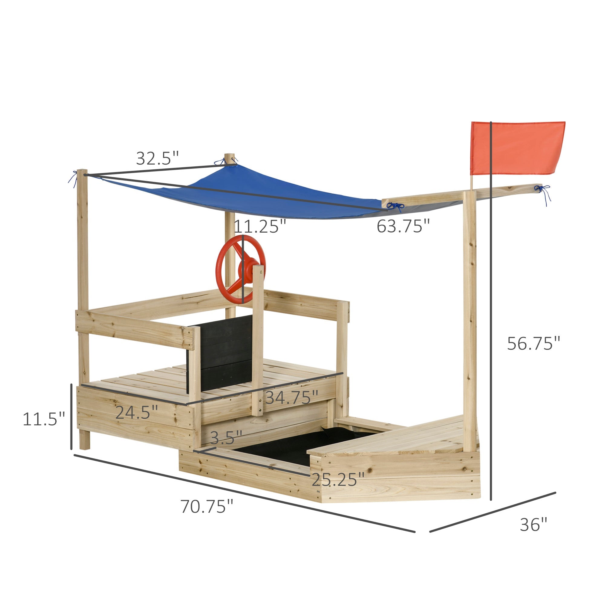 Wooden Sandbox Boat with Canopy, Blackboard, Flag, for Kids 3-8, Natural Wood Sandboxes & Accessories   at Gallery Canada