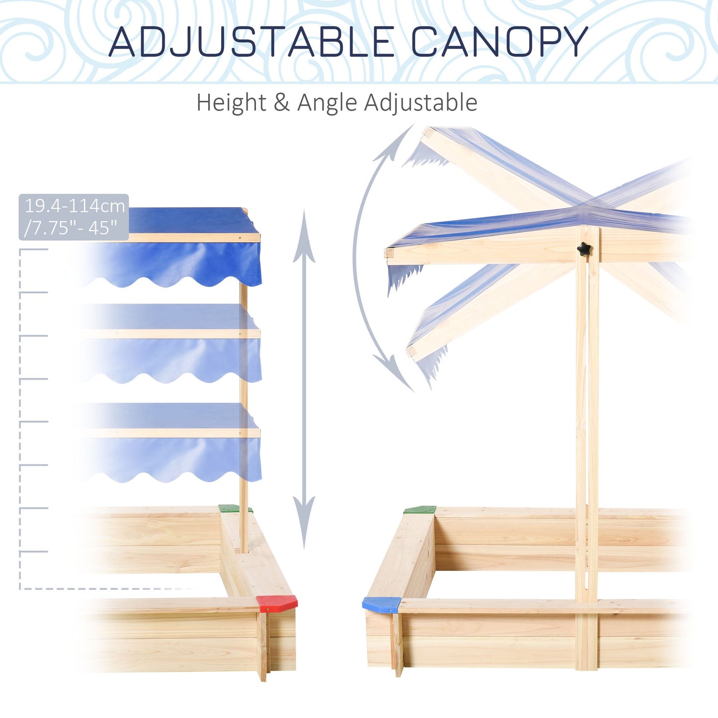 Kids Wooden Sandbox, Play Station for Children Outdoor, with Adjustable Canopy Shade, Seats, for Backyard, Beach, 47" x 47" x 47", Natural Sandboxes & Accessories   at Gallery Canada