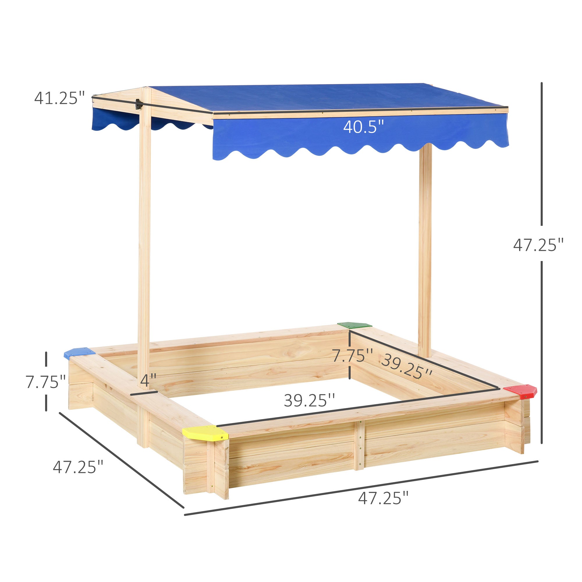 Kids Wooden Sandbox, Play Station for Children Outdoor, with Adjustable Canopy Shade, Seats, for Backyard, Beach, 47