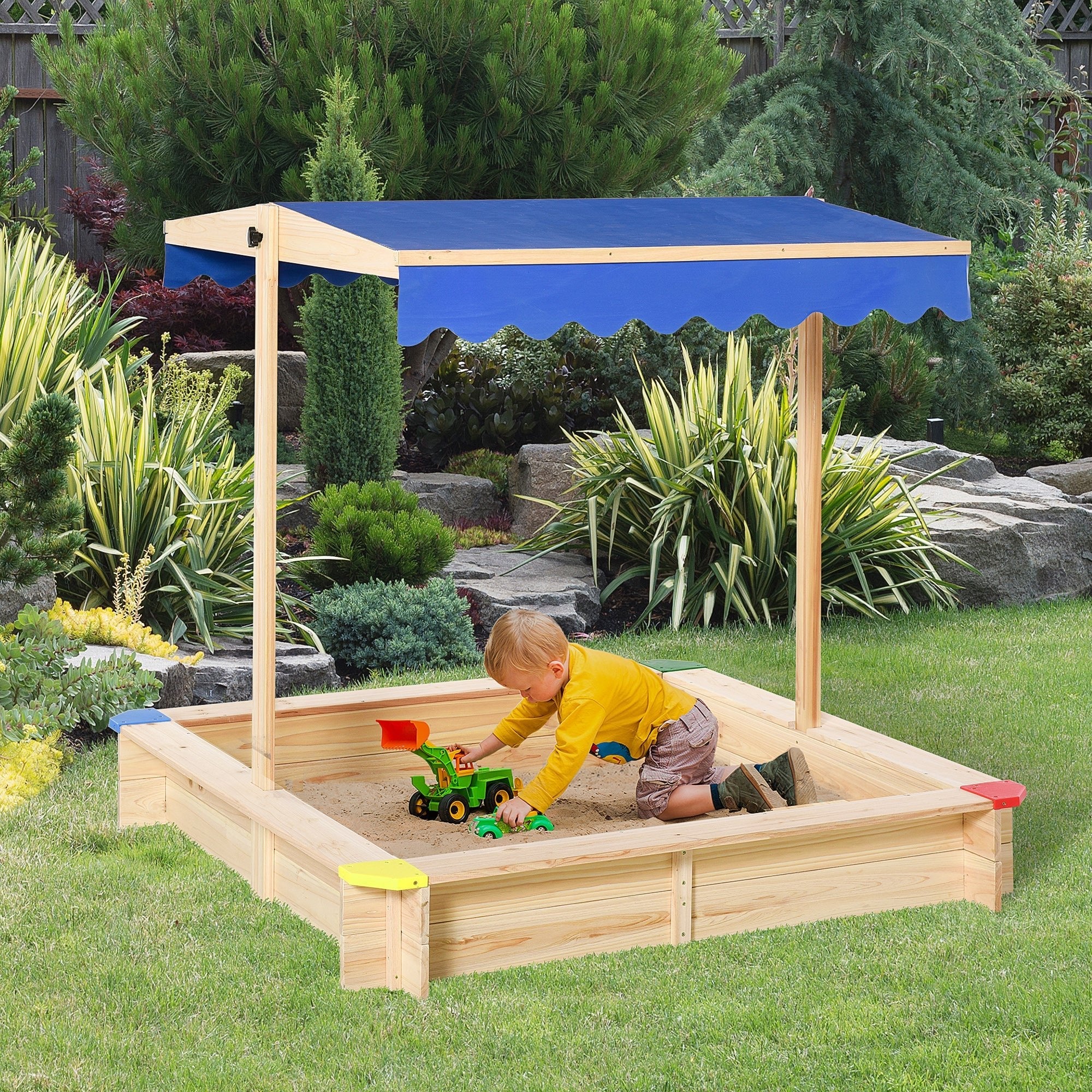 Kids Wooden Sandbox, Play Station for Children Outdoor, with Adjustable Canopy Shade, Seats, for Backyard, Beach, 47