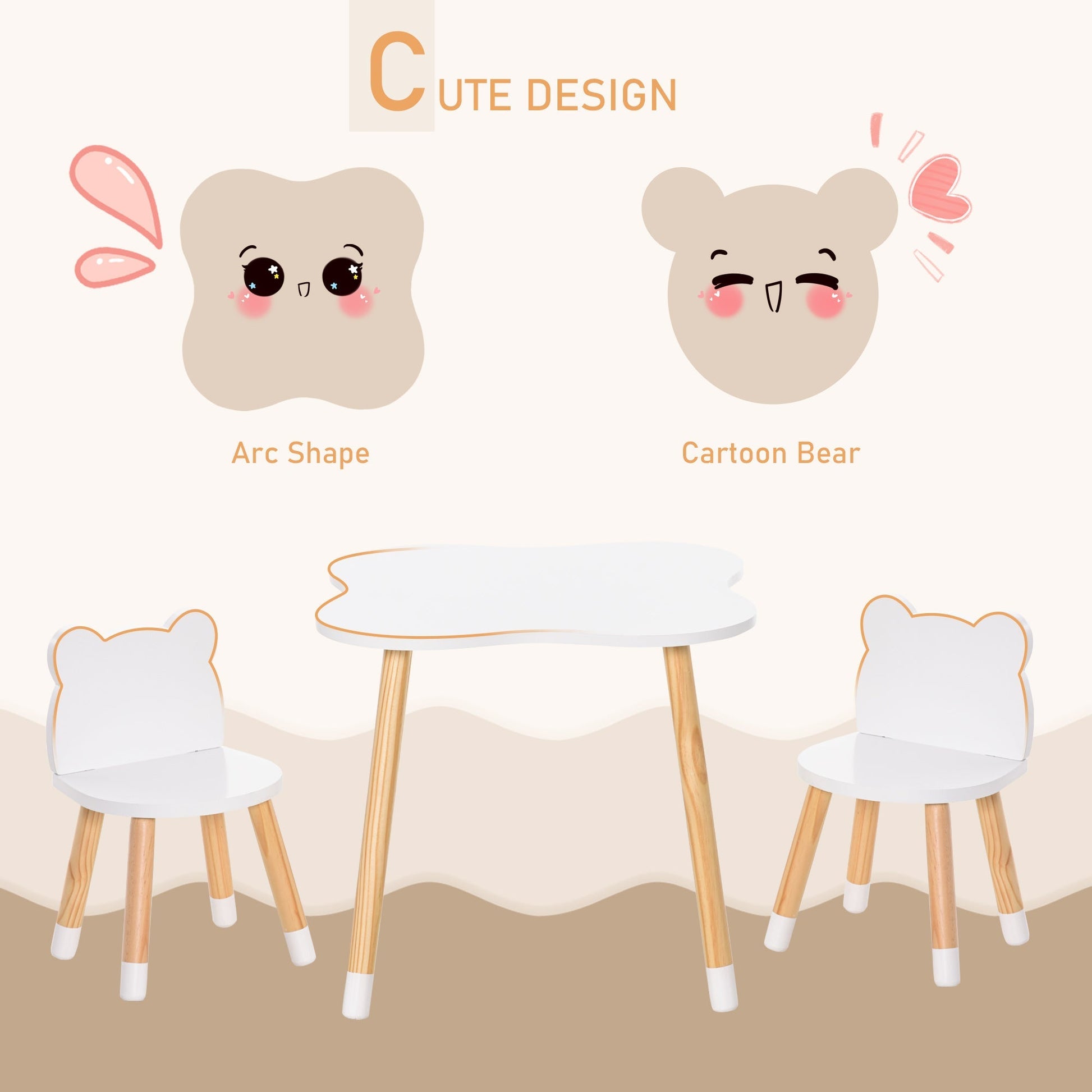 Bear-Shaped Kids Wooden Table & 2 Chairs Set for Toddlers 1-4 Years, White Kids Table Sets   at Gallery Canada