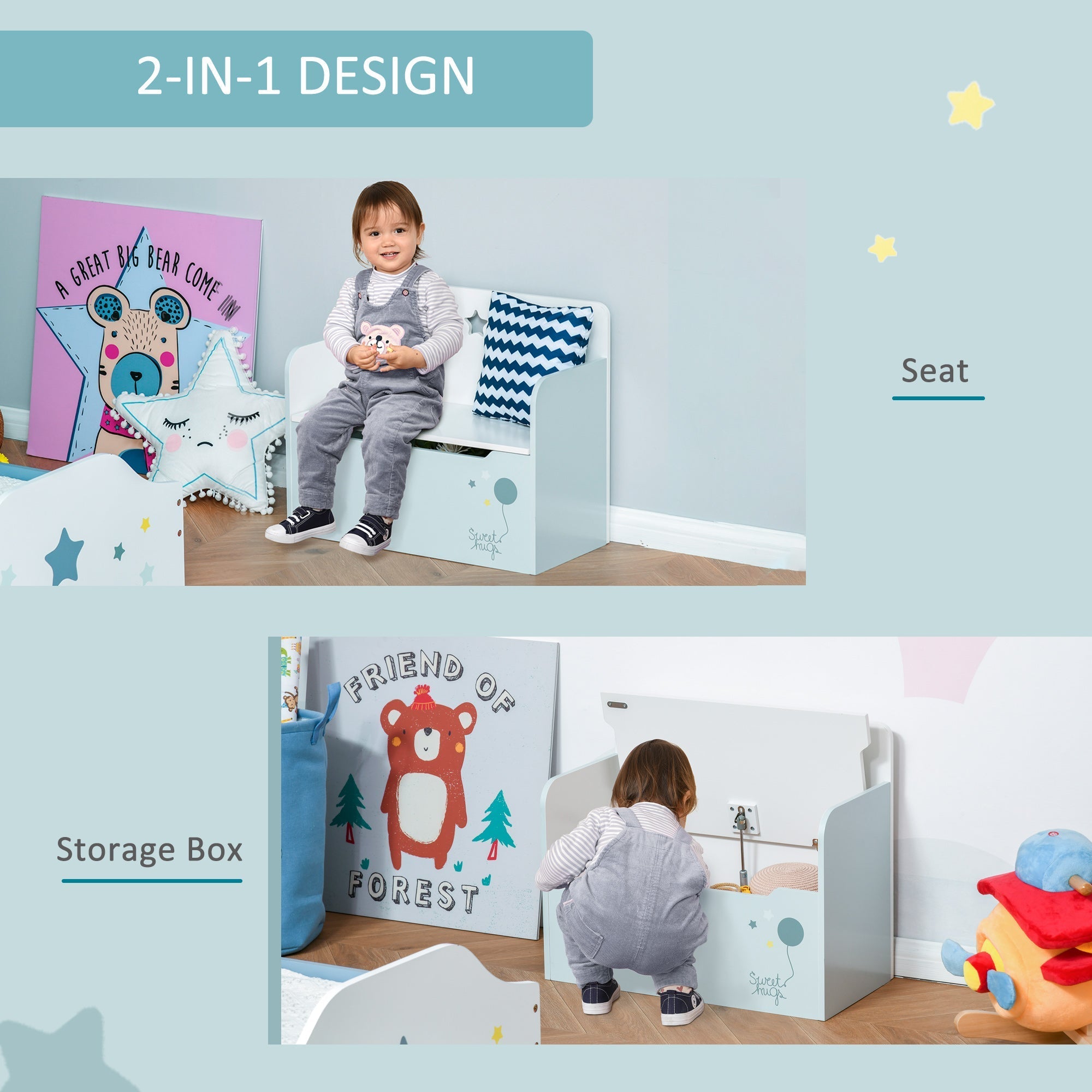 Kids Wooden Toy Storage Box Organizer Chest Chair 2 in 1 Design with Gas Stay Bar Seating Bench 23.5