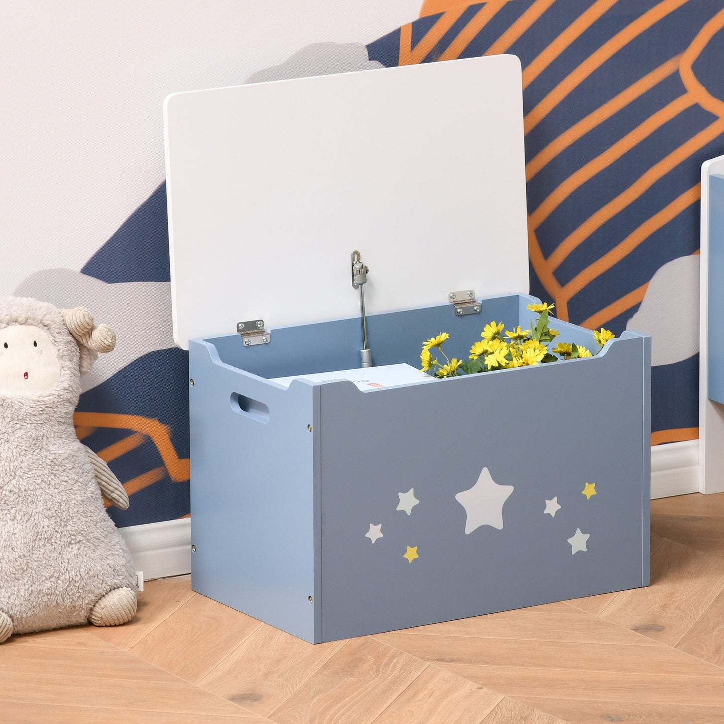 Kids Wooden Toy Storage Box Organizer Chest with Gas Stay Bar Seating Bench 21.75" x 13.5" x 14" Blue Baby & Kids Storage   at Gallery Canada