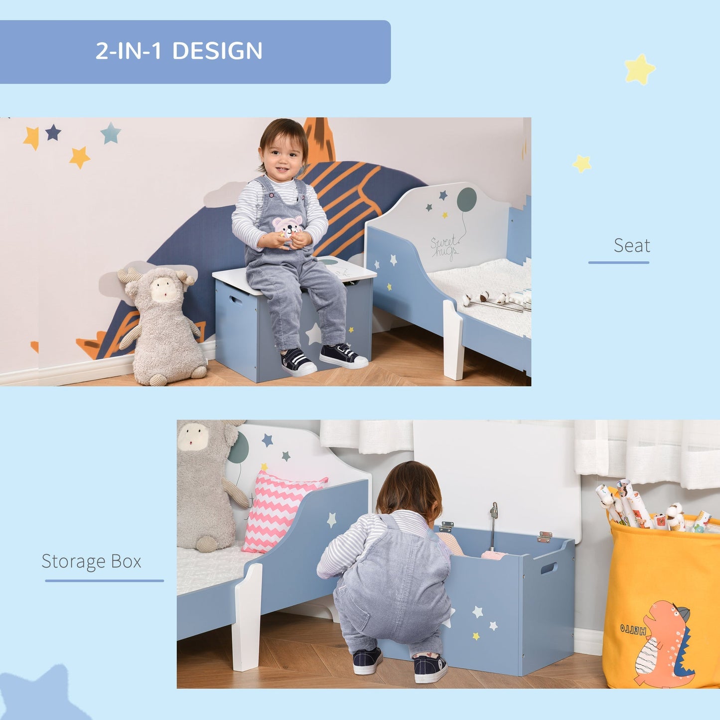 Kids Wooden Toy Storage Box Organizer Chest with Gas Stay Bar Seating Bench 21.75" x 13.5" x 14" Blue Baby & Kids Storage   at Gallery Canada