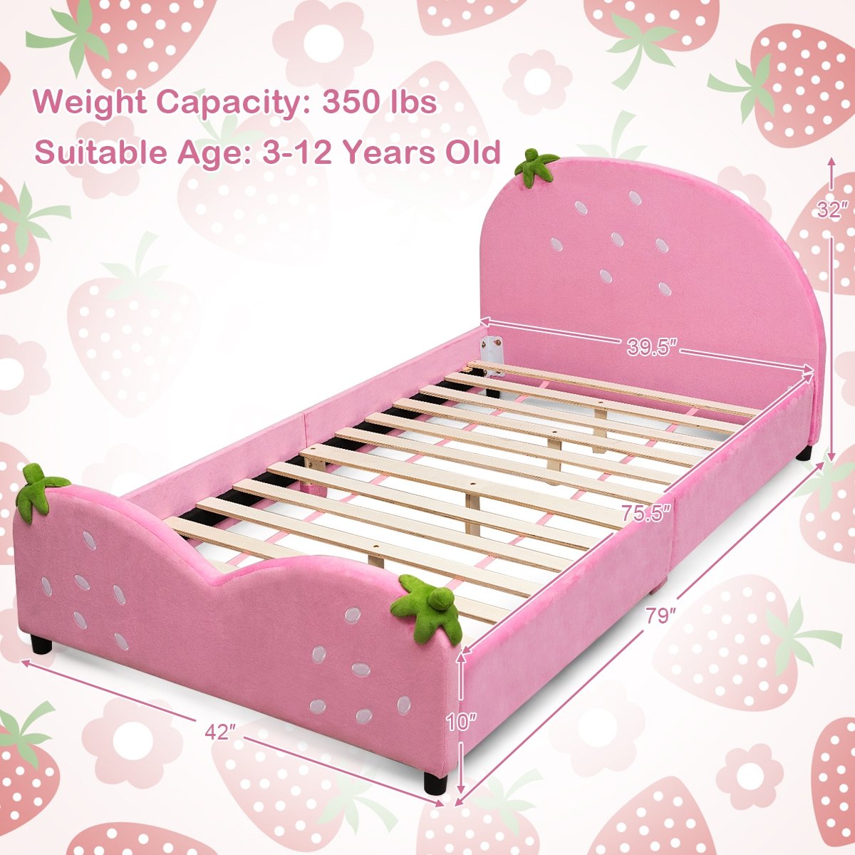 Kids Children Upholstered Berry Pattern Toddler Bed, Pink Toddler Beds   at Gallery Canada