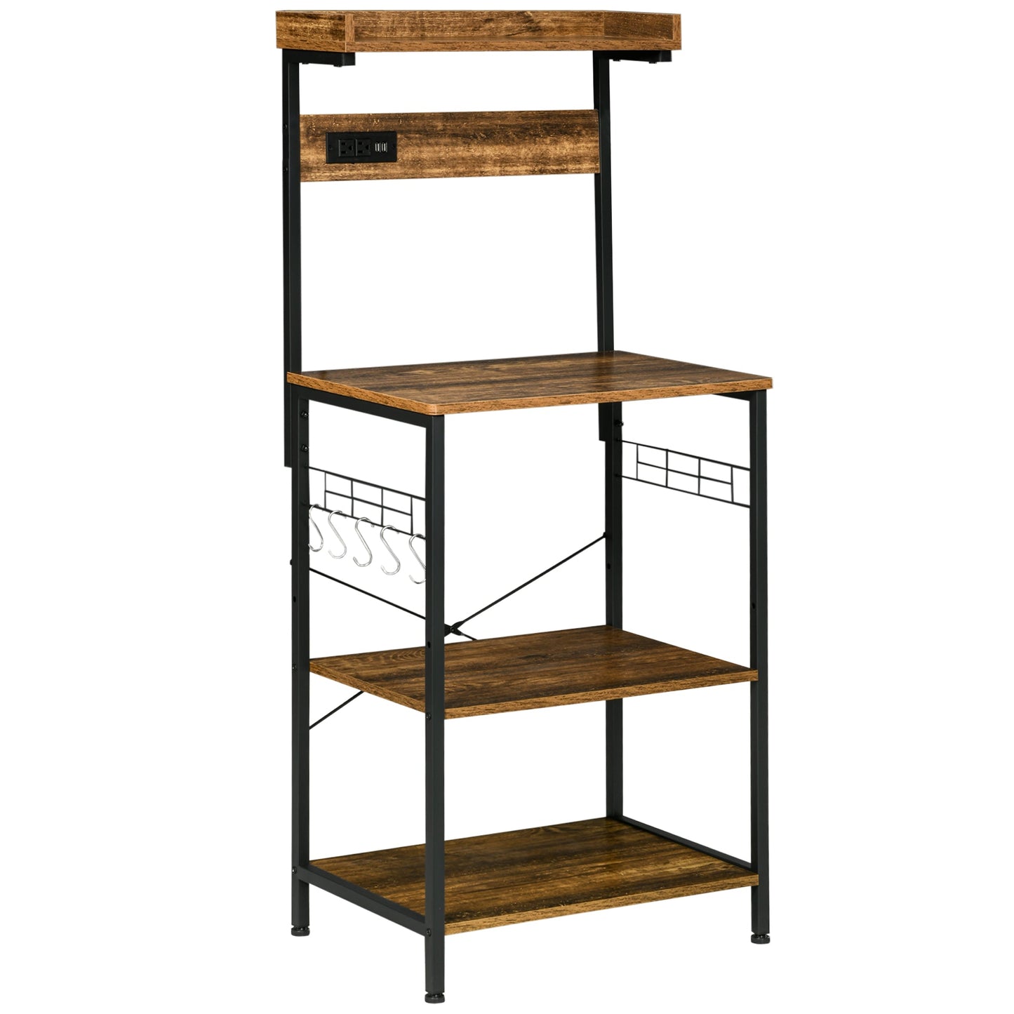 Rustic Brown Kitchen Bakers Rack with Power Outlet, USB, Shelves, Hooks Bar Cabinets Multi Colour  at Gallery Canada