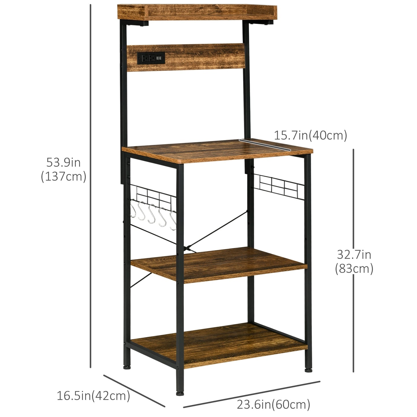 Rustic Brown Kitchen Bakers Rack with Power Outlet, USB, Shelves, Hooks Bar Cabinets   at Gallery Canada