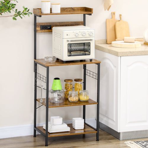 Rustic Brown Kitchen Bakers Rack with Power Outlet, USB, Shelves, Hooks